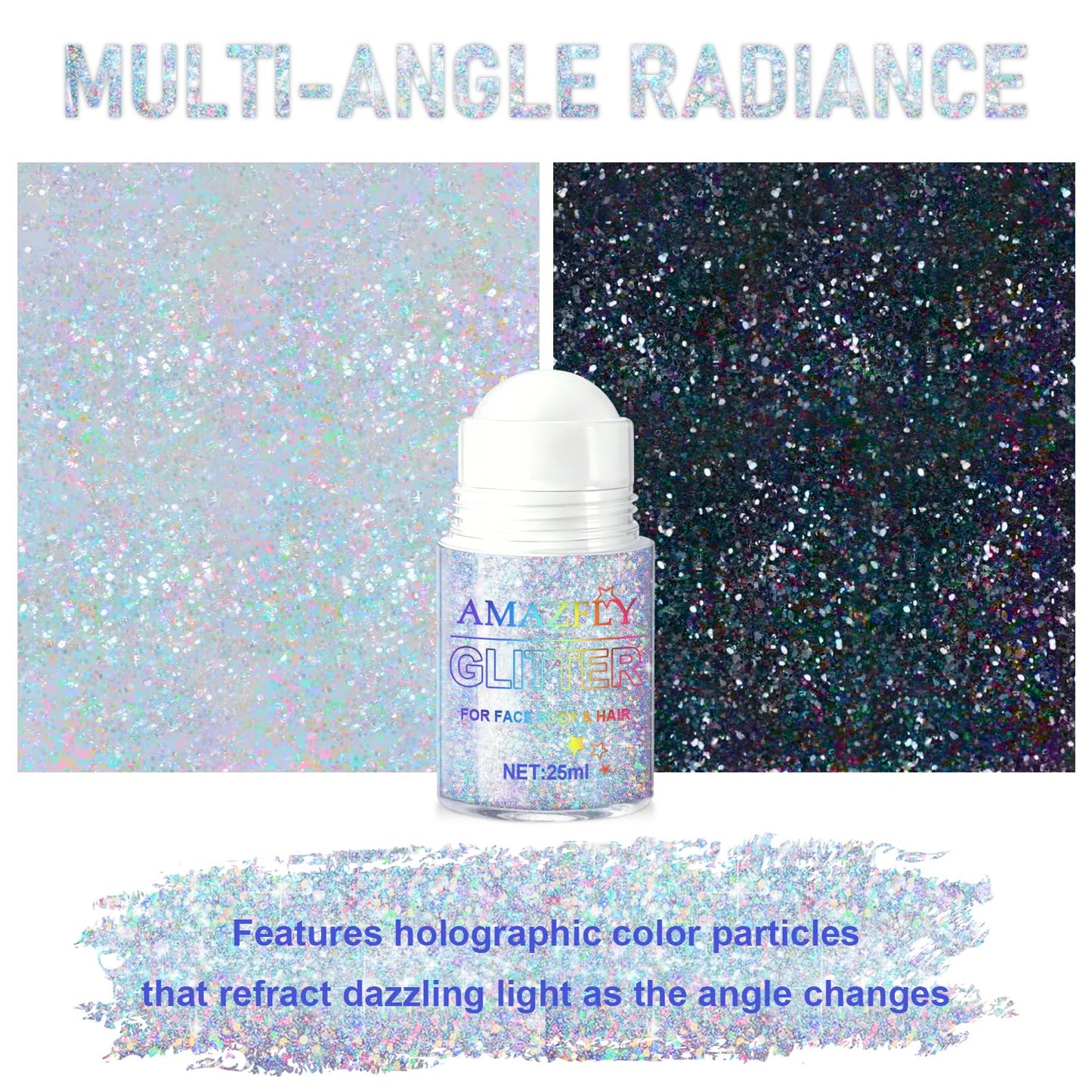 Roll-on Holographic Body Glitter Gel for Face and Hair, Chameleon Color Changing Glitter Gel Under Light, Chunky Mermaid Sequins Shimmer Makeup for Halloween Party Rave Accessories (Glint-Rainbow)