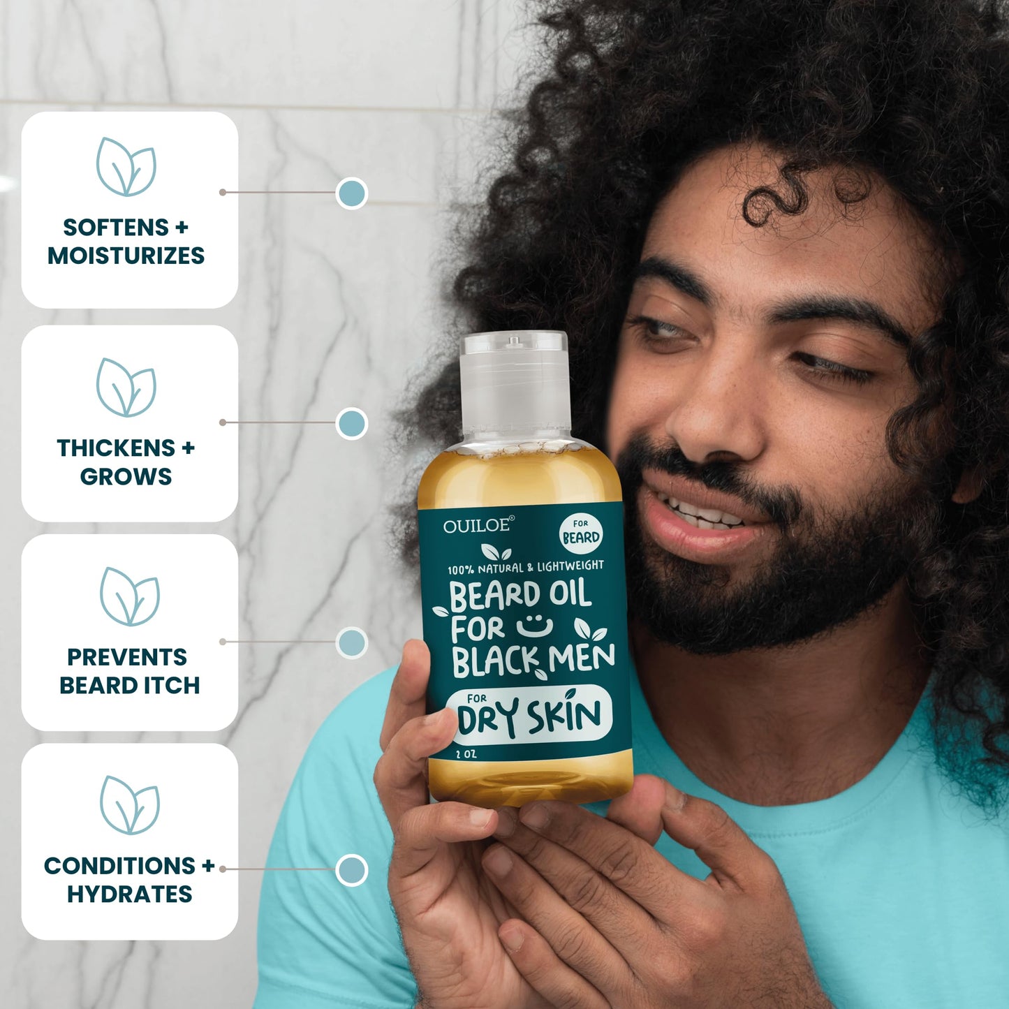 Ouiloe Beard Oil for Dry Skin - Non Comedogenic Beard Oil for Black Men - Safe for Acne Prone, Sensitive Skin - Unscented, Fragrance Free, Lightweight, Non Greasy, Soothing and Natural, 2oz