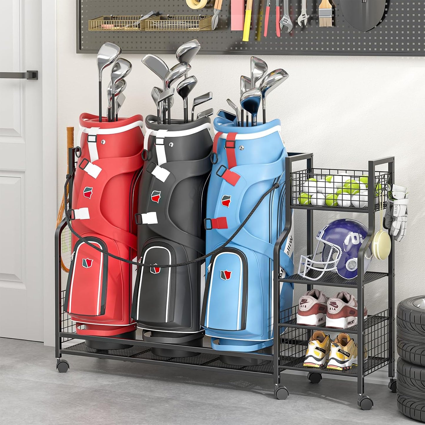 Golf Bag Storage Rack with Wheels - Durable Organizer for Golf Equipment | Ideal for Garage, Home, Shed (Black)