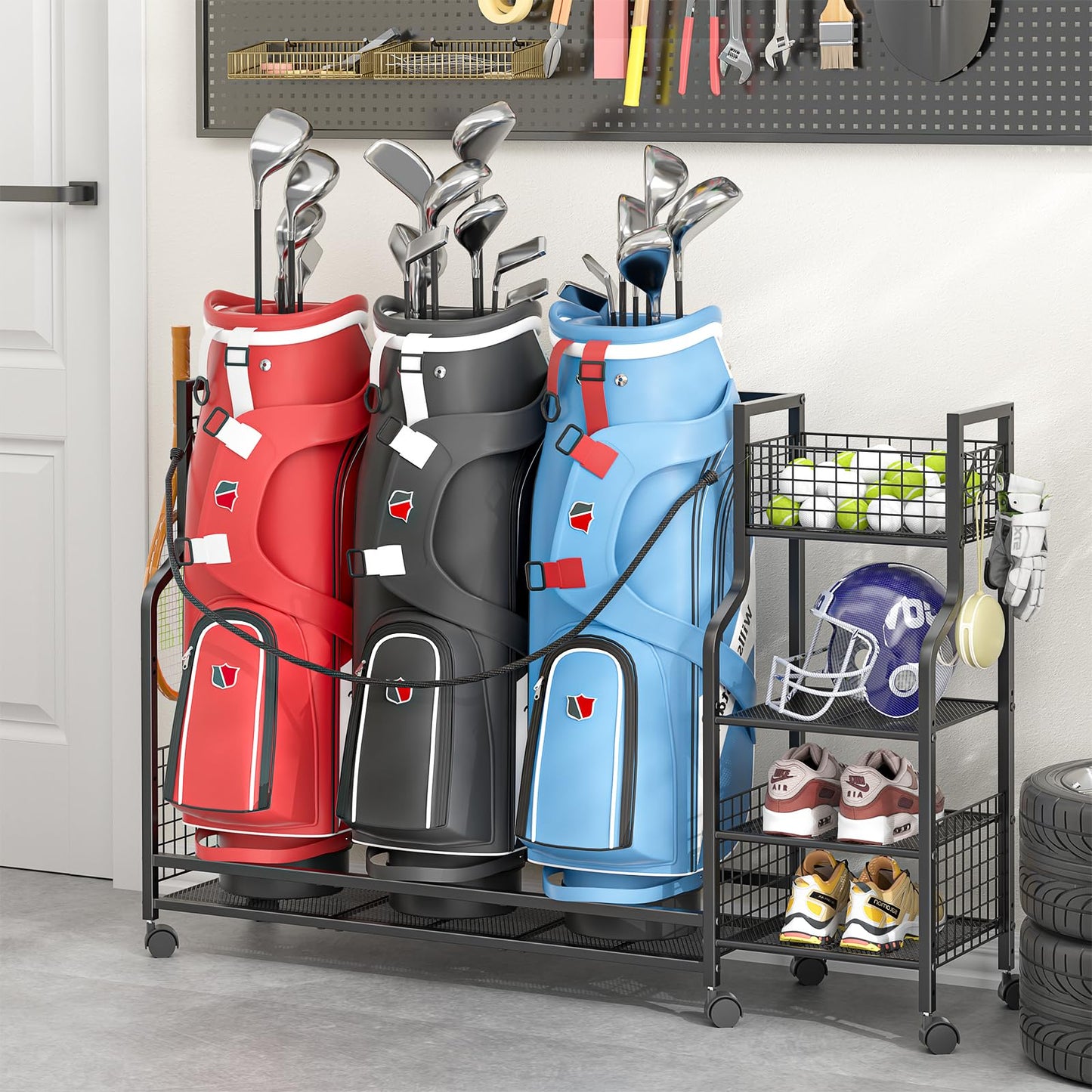 Golf Bag Storage Rack for Garage with Wheels, Organizer for 3 Golf Bag and Equipment Accessories, Golf Organizer Stand Ideal for Home, Garage, Club, Shed, Basement - Sturdy and Durable (Black)