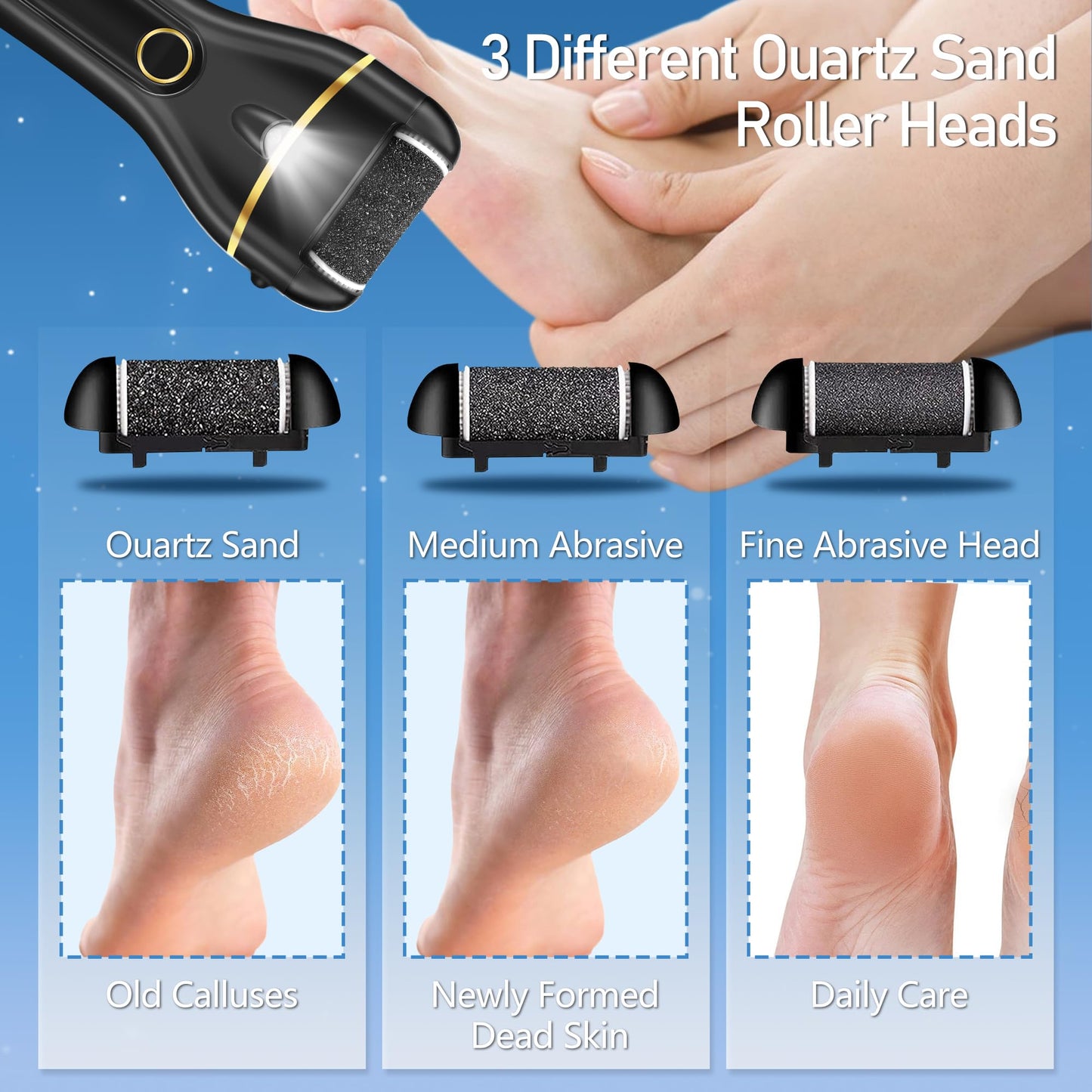Jamestry Callus Remover for Feet, Electric Foot Callus Remover Waterproof with 3 Rollers 2 Speed Battery Display,17 in1 Rechargeable Foot File Pedicure Kits for Dead Hard Cracked Dry Skin