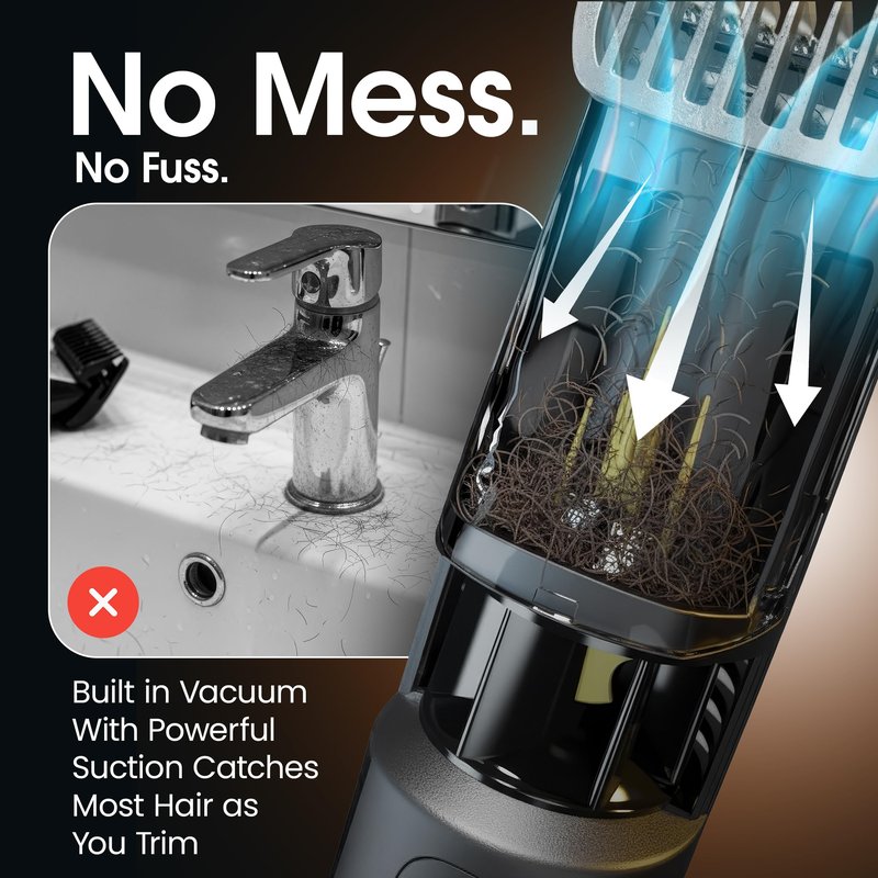 Vacutrim Cordless Mens Beard Trimmer, Rechargeable Electric Shaver with 20 Trim Setting Calibration Dial and Built-in Vacuum for Mustache, Sideburns. Facial Hair, Black, 7.5", As Seen On TV