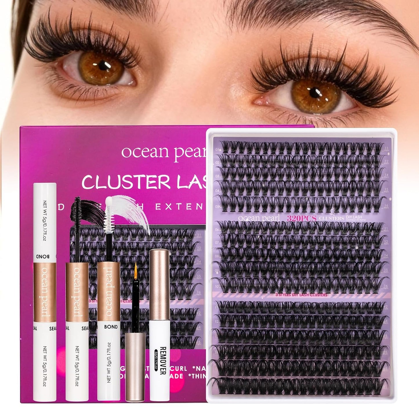 Ocean Pearl Lash Clusters - 320 Pcs 11-20mm Eyelash Extension Kit | 40D, 50D, 100D with Adhesive & Tweezers