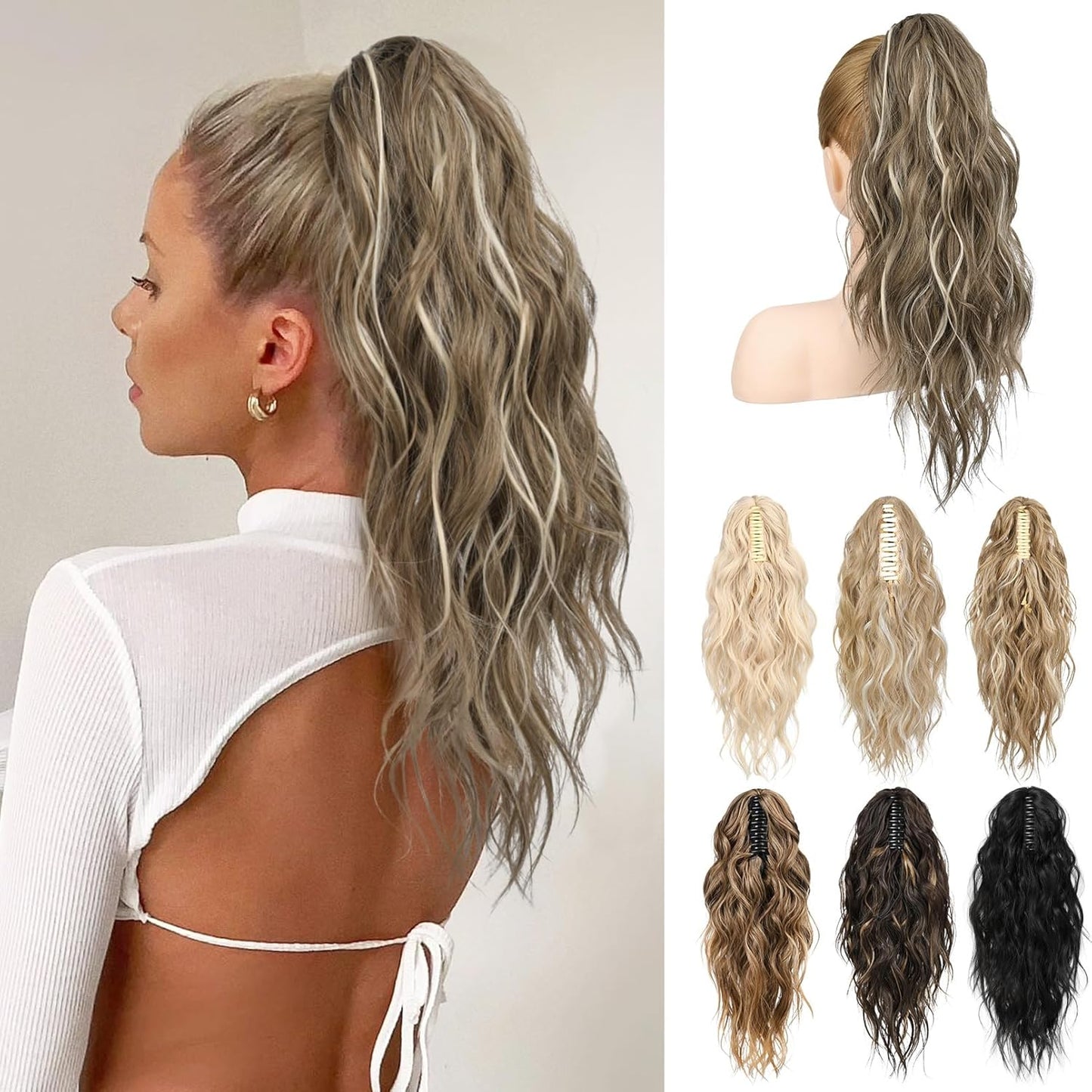 Ponytail Extension - 18" Wavy Claw Clip Hairpiece | Synthetic Curly Ponytail - Black Brown