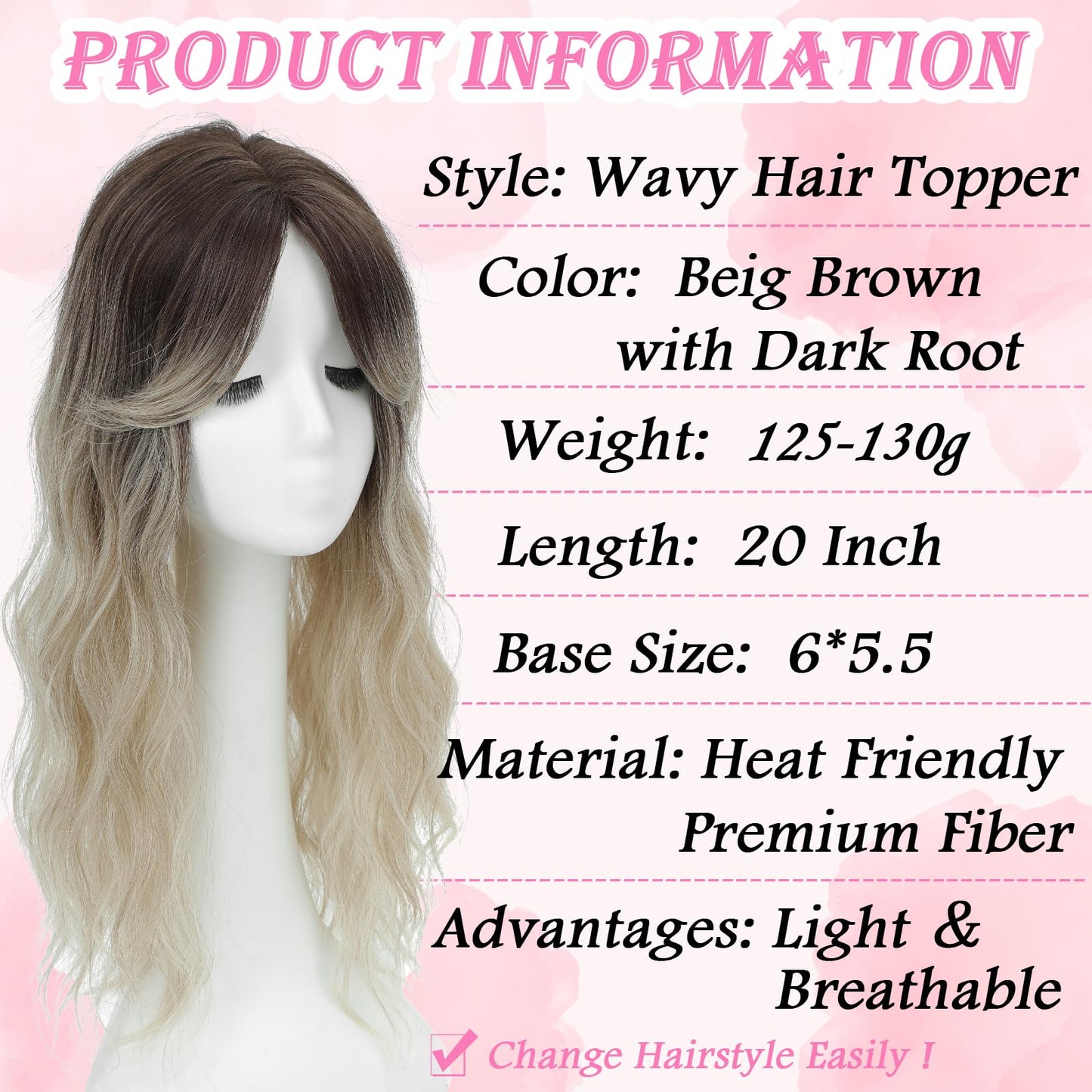 16 Inch Hair Topper for Women with Thinning Hair, Synthetic Curly Wavy Clip-In Topper with Wispy Bangs, Natural Looking Crown Coverage, Lightweight Hair Piece for Volume