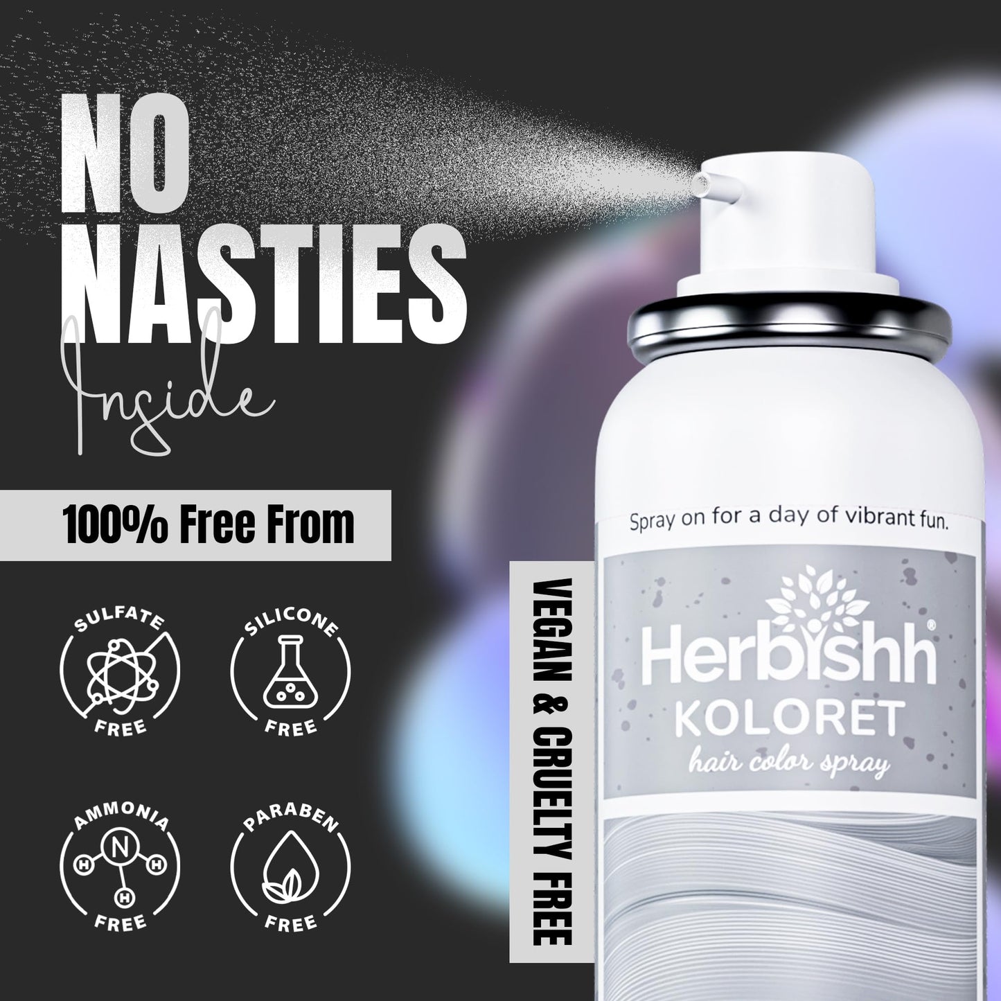 Herbishh Koloret Pastel Silver Hair Mist Spray (69g), Washable Temporary Dye for Light Hair, Fast-Drying Non-Sticky Metallic Tint, Travel-Friendly Root Touch Up for Women