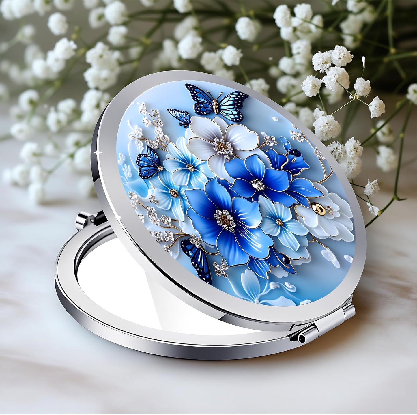 Silver Compact Mirror - Double-Sided Folding Makeup Mirror with Red Rose Design | 2.8 x 2.8 Inches, Perfect Gift for Women