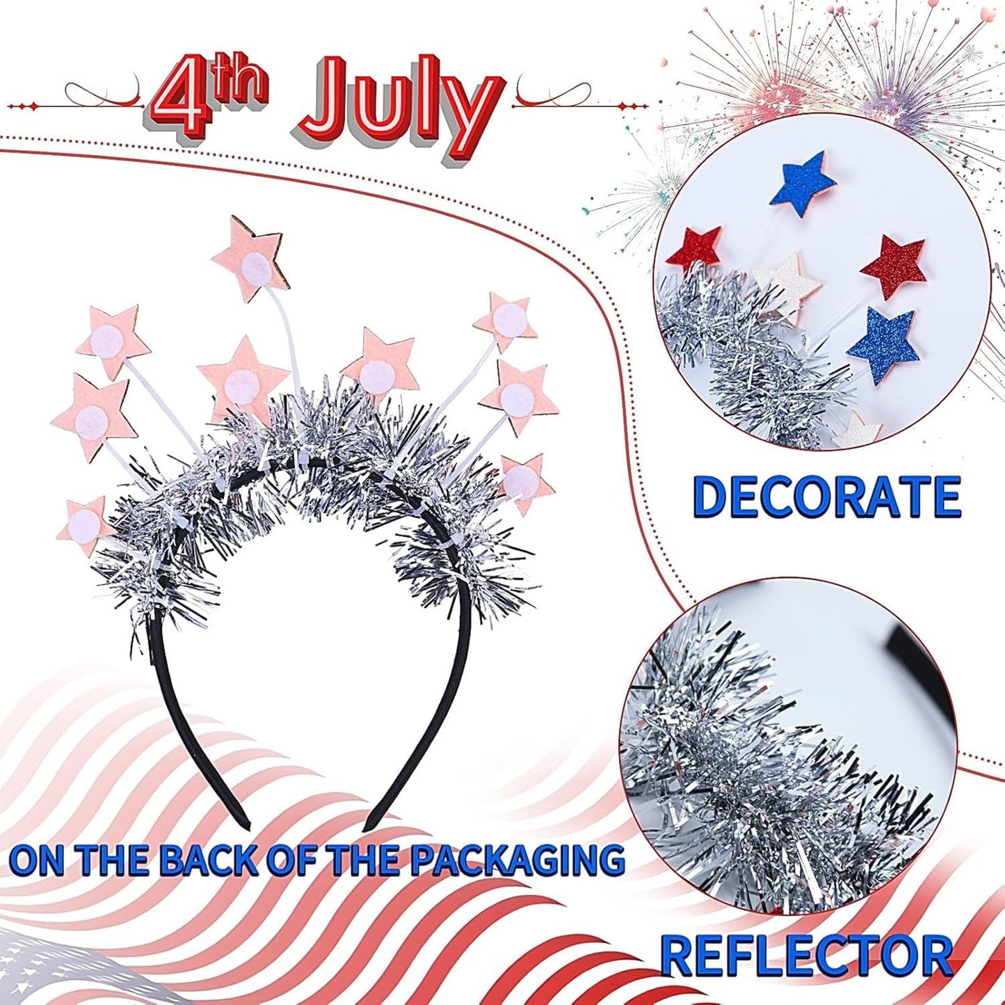 TWISBOW 2Pcs 4th of July Headbands Glittery Red White Blue Stars Hair Accessory for Independence Day Patriotic Party Decorations