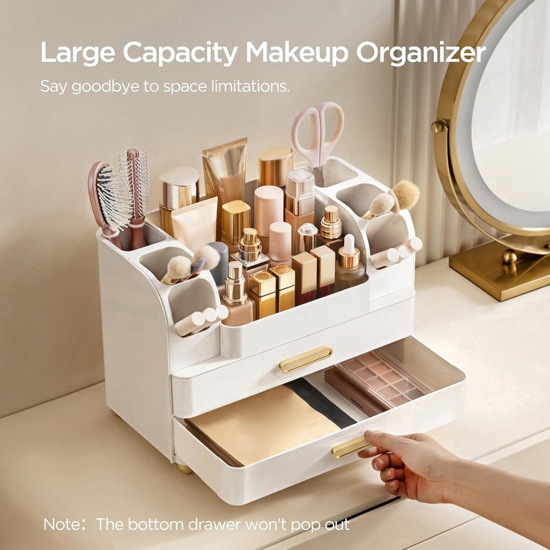 Makeup Organizer for Vanity - Large Bathroom Countertop Cosmetic Storage with Brush Holder | All White