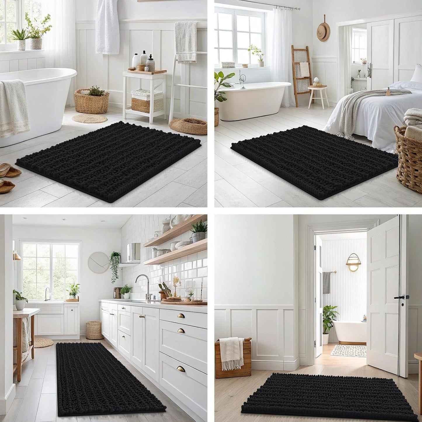 Extra Soft Chenille Bathroom Rugs - Non-Slip, Quick Dry | 24x16 Black Bath Mat