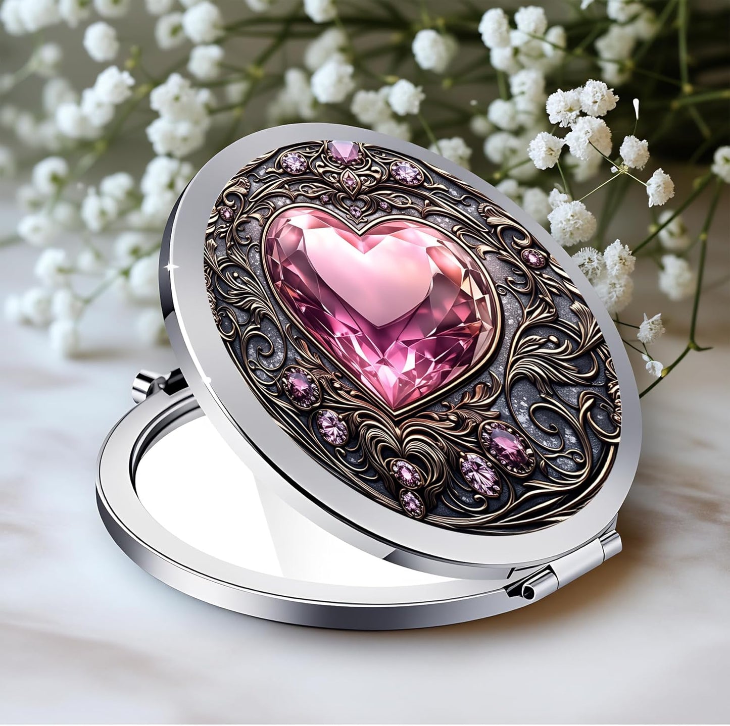 Double-Sided Silver Compact Mirror - 2.8x2.8 Inch Mermaid Design | Perfect Gift for Women
