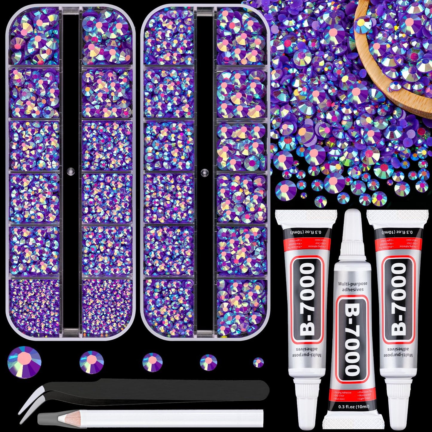 Resin Rhinestones - 32000 Pcs Flatback Gems for Bedazzling | Silver Clear Crystal Kit with 3 Pcs B7000 Glue for Nail Art & Crafts