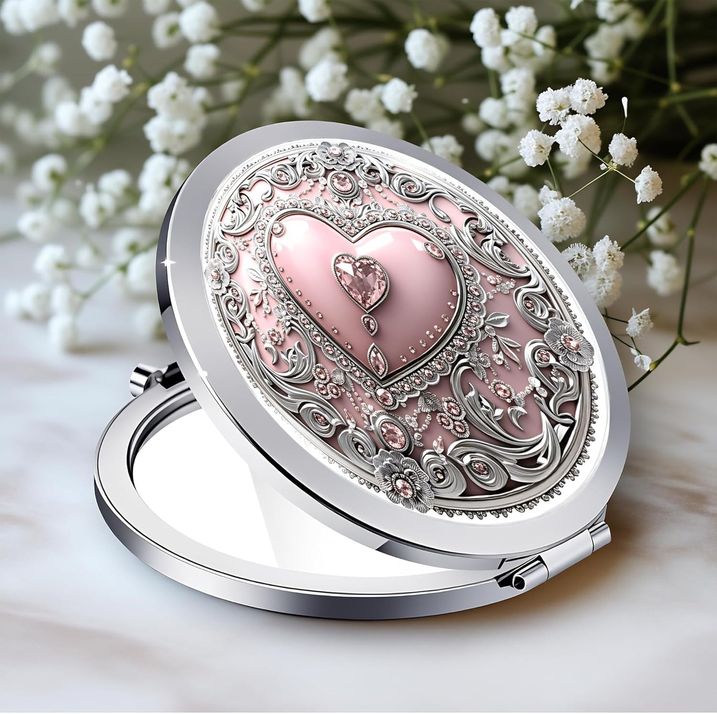 Silver Compact Mirror - Double-Sided Folding Makeup Mirror with Pink Heart Design | 2.8x2.8 Inch Ideal Gift for Women