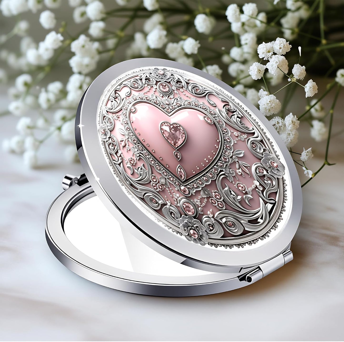 Silver Compact Mirror - Double-Sided Folding Makeup Mirror with White Rose Design | 2.8" x 2.8" Ideal Gift for Women
