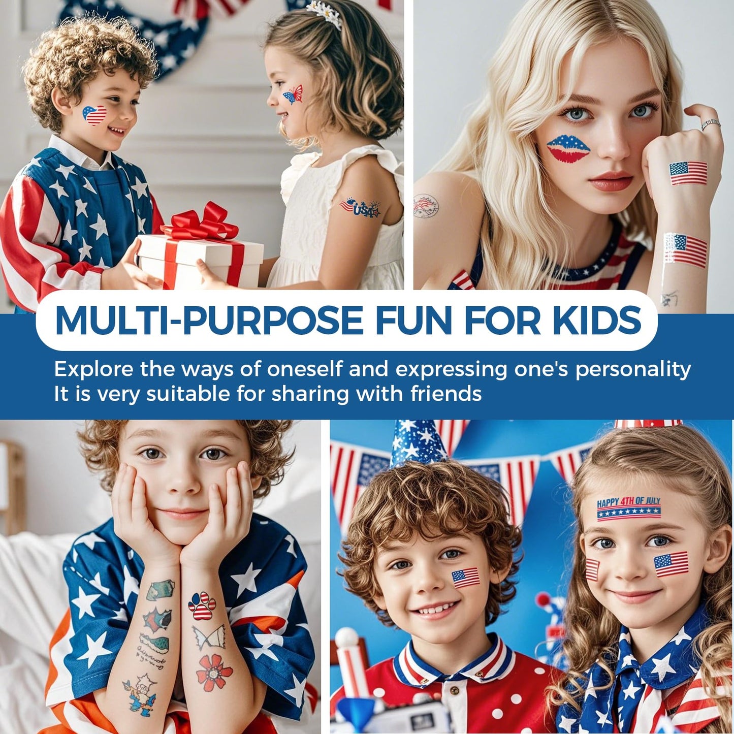 Awinmay 4th of July Temporary Tattoos - 80 Pcs Independence Day American Flag Red White and Blue Tattoos for Kids,Memorial Day,Labor Day,Fourth of July Party Decorations and USA Party Favors 10 Sheets