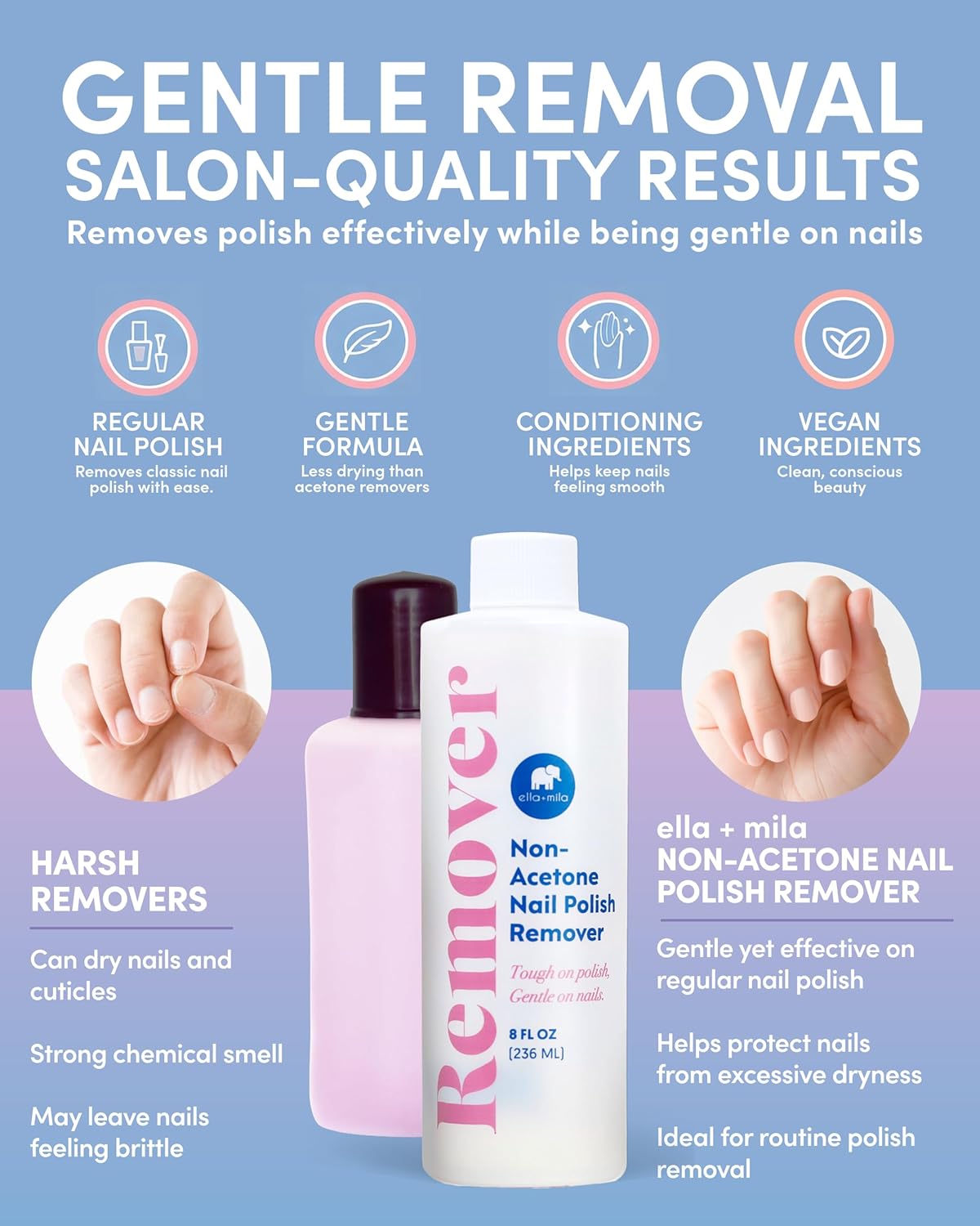 Ella+mila Nail Polish Remover - Gentle Non-Acetone Formula | Nourishing & Vegan, 8oz