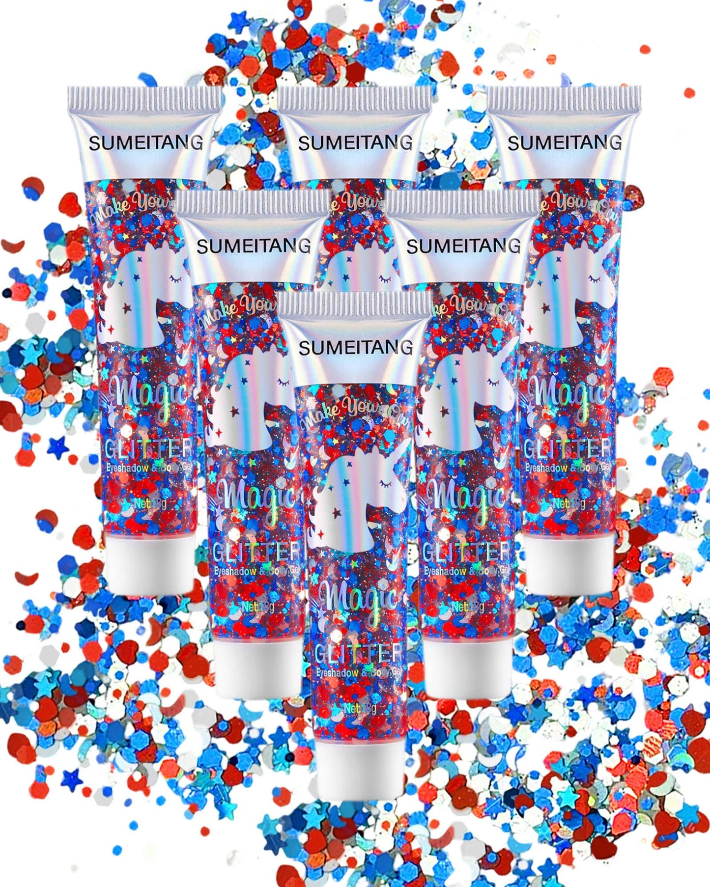SUMEITANG 6pcs Red White Blue Face & Body Glitter Gel | 4th of July Patriotic Sparkling Makeup | USA Flag Hair Glitter for Independence Day Festivals Parties | Women Kids Fourth of July Outfits