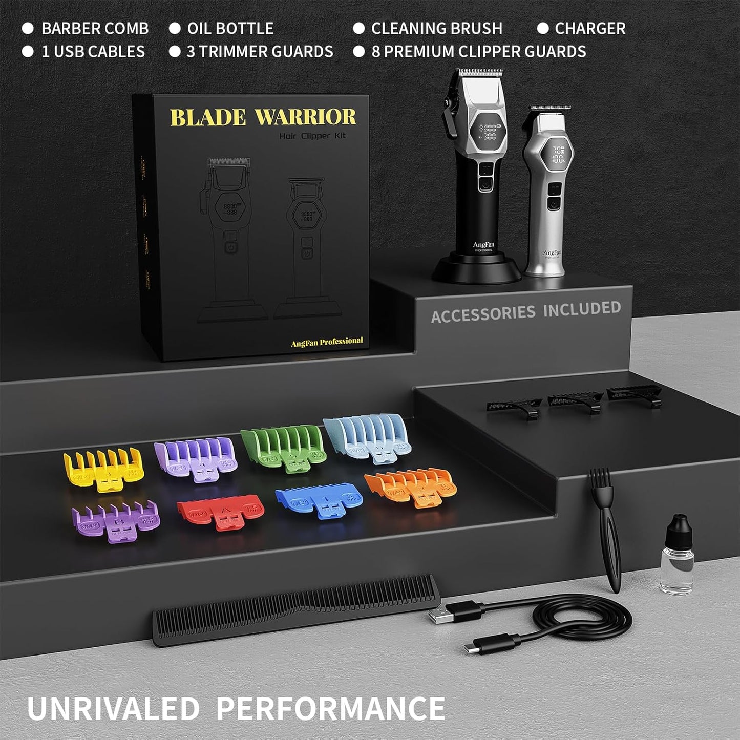 Professional Hair Clippers for Men - 8000RPM Brushless Motor & 440C Steel Blades | Cordless Barber Clippers & Trimmer Set for Fade Designs