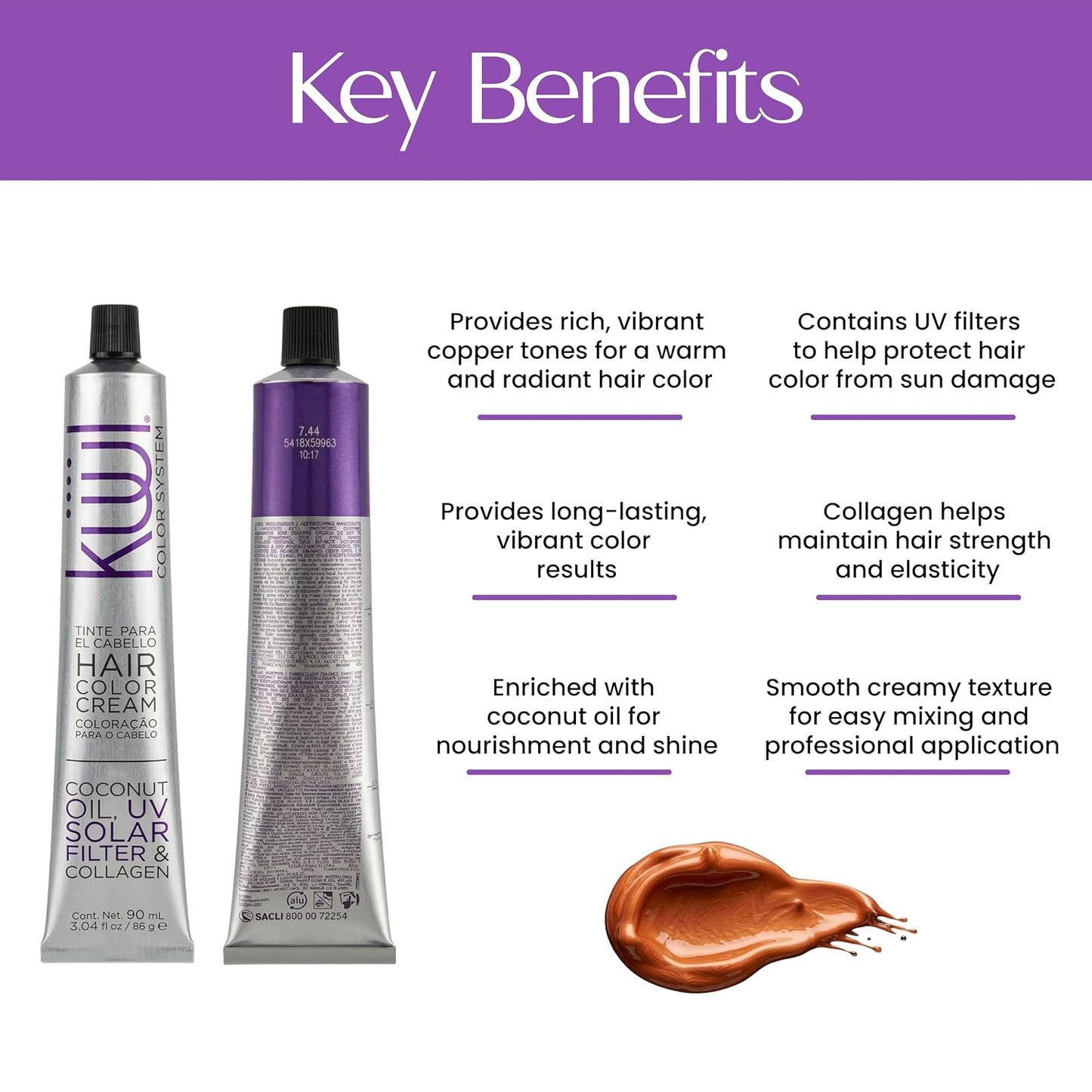 Permanent Hair Color Cream 7.44 Copper Blonde - Coconut Oil & Collagen, Gray Coverage | 3.04 fl oz / 90 ml