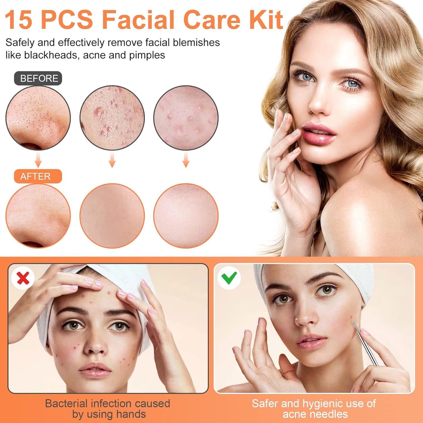 Pimple Popper Tool Kit - 15 PCS Professional Stainless Steel Blackhead Remover Set | Acne Extraction Tools in Metal Case (Silver)