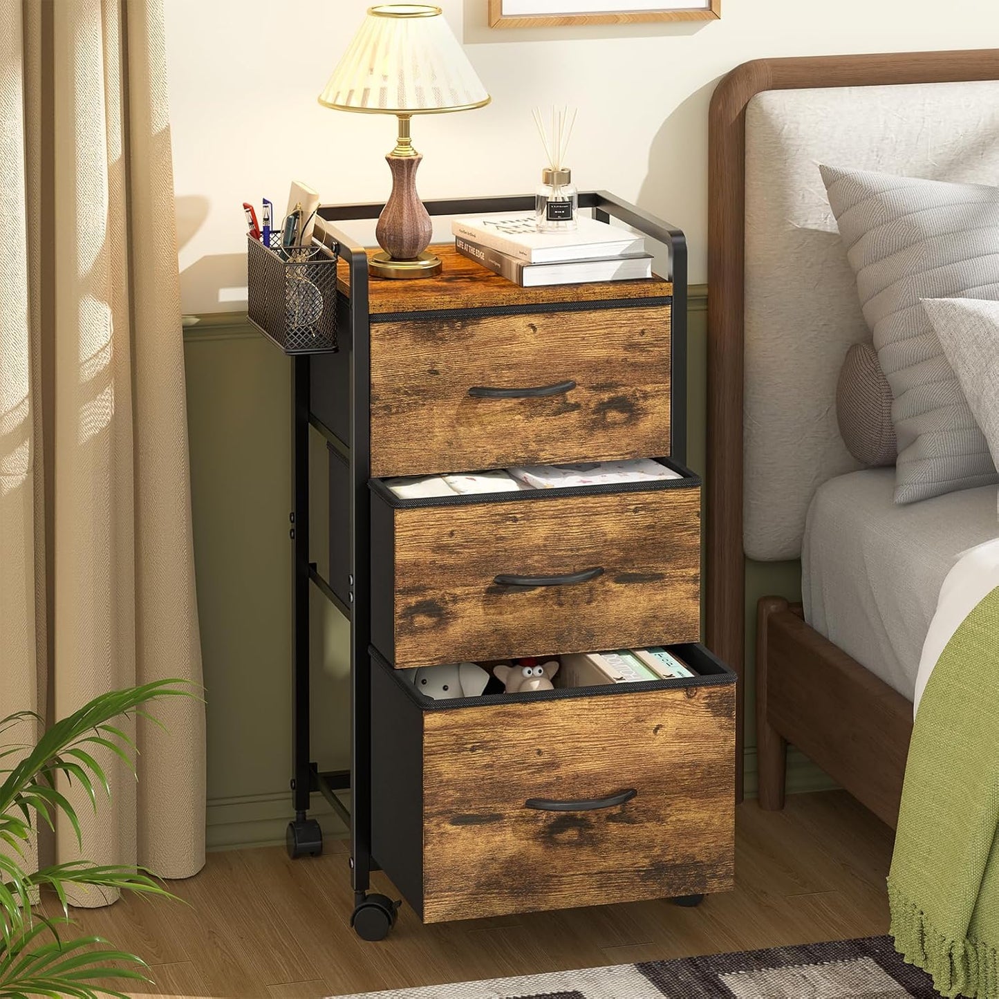 Rolling Salon Trolley Cart - Mobile Hair Stylist Station with Metal Tool Holder & 3 Fabric Drawers | Rustic Brown