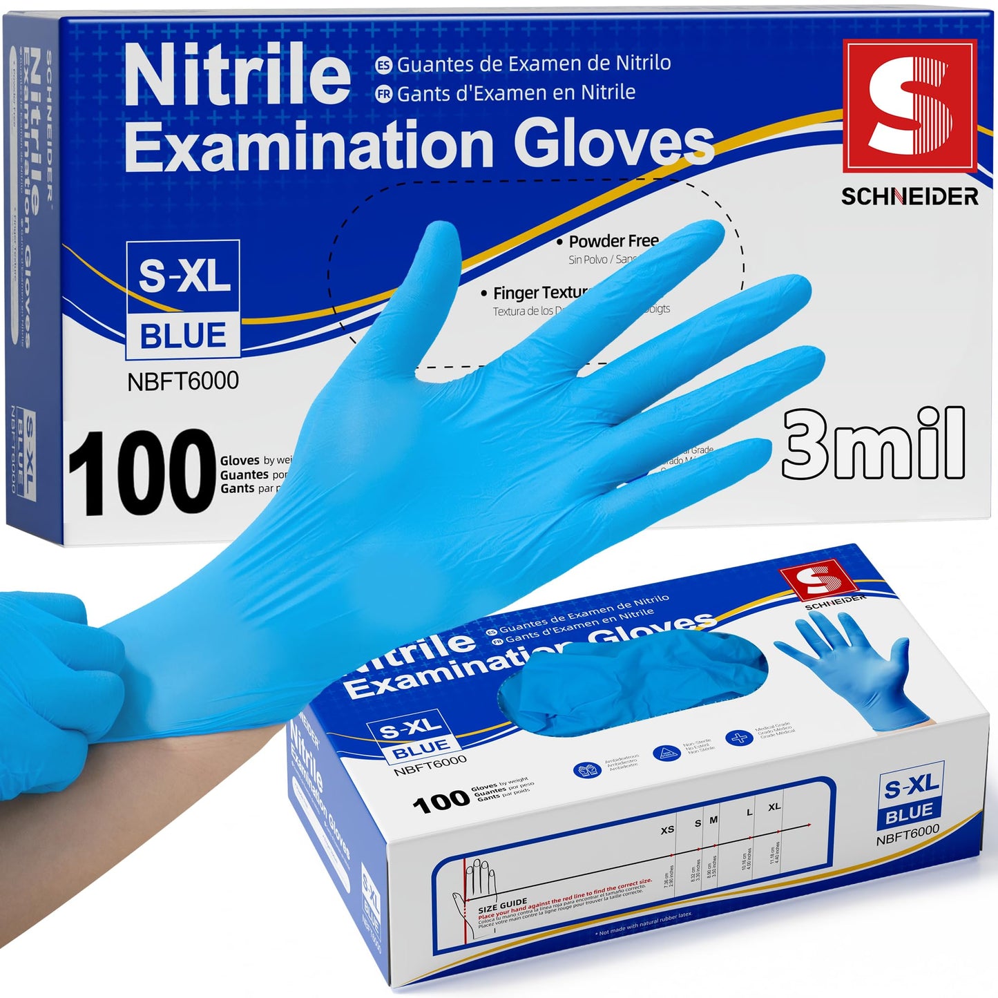 Schneider Medical Nitrile Exam Gloves, Powder-Free, Latex-Free, Non-Sterile Disposable Gloves for Medical Use, Cleaning and Food Prep, Blue, 100 Count, Medium