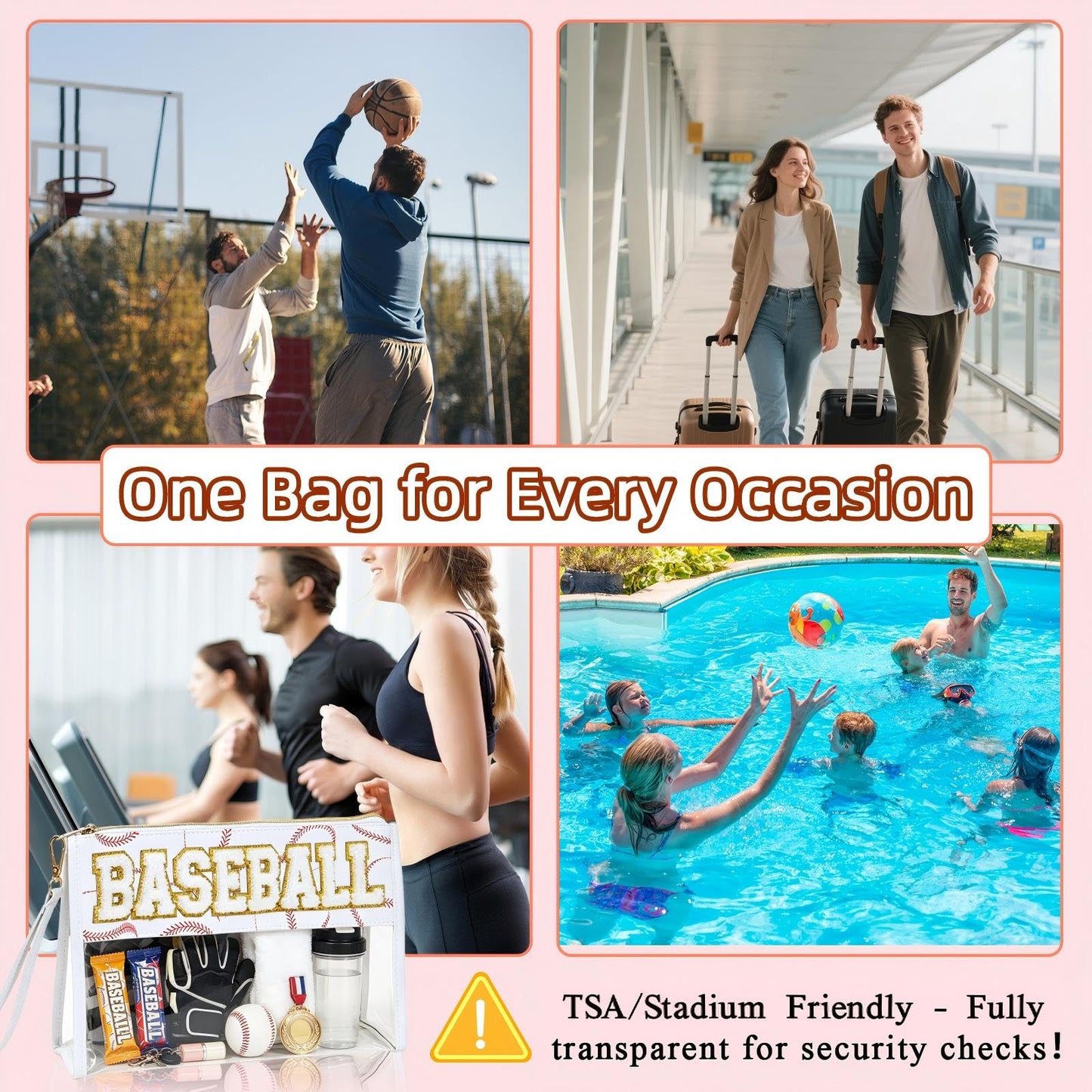 Baseball Mom Essentials Clear Stadium Bag 12x6x12 — STANDS UPRIGHT, NOT FLAT — 2.5" Deep Transparent Tote with Chenille Letters, Waterproof Baseball Game Day Bag for Team Snacks, Makeup & Travel