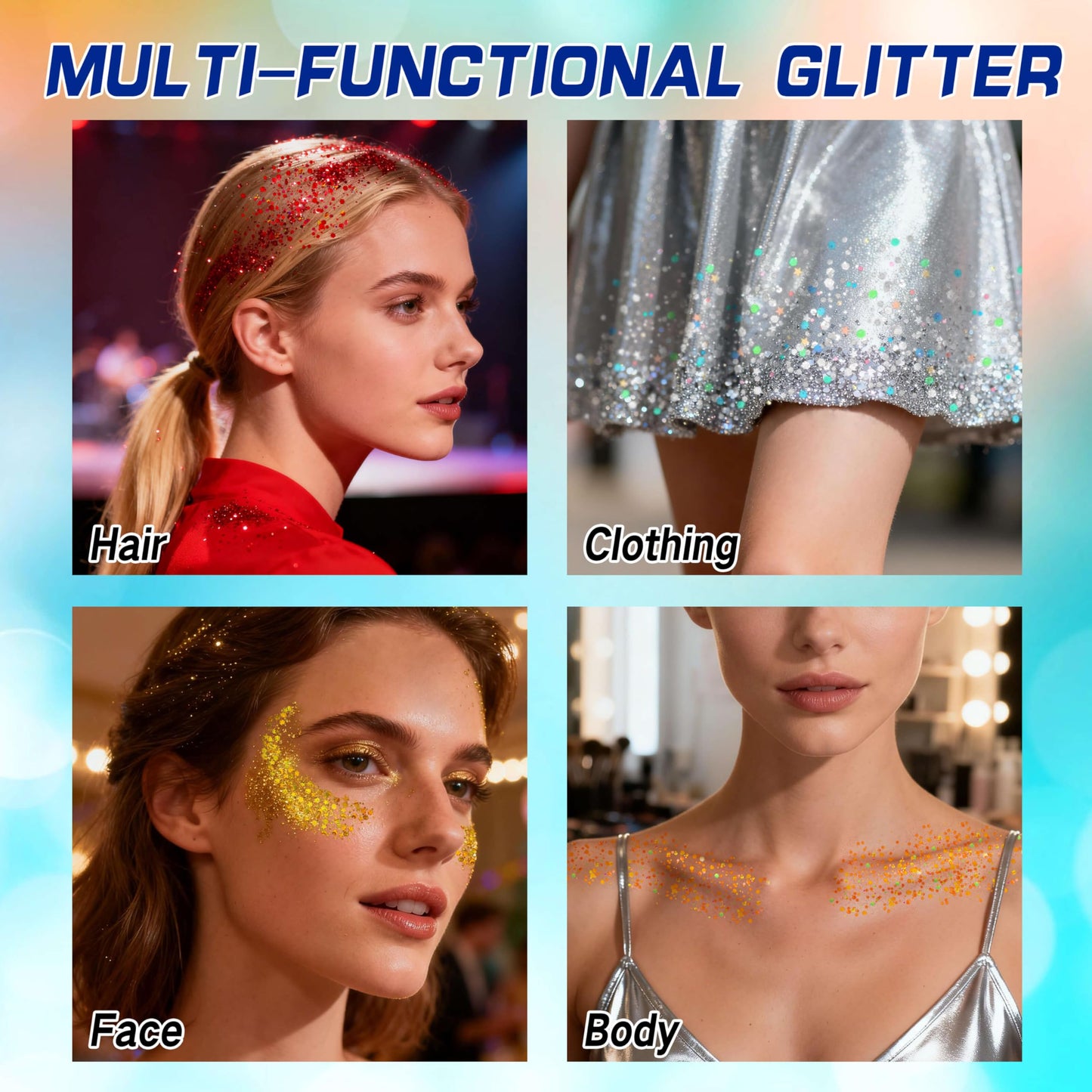 Paminify 4th of July Blue Face Hair Glitter,Holographic Royal Blue Cheer Body Glitter Gel,Patriotic Accessories for Independence Day,Fourth of July Outfits for Women,Rave Festival Makeup
