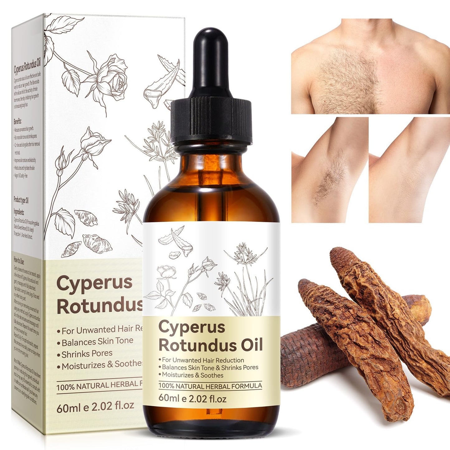 XINSZLIN Cyperus Rotundus Oil for Hair Removal, Cyperus Rotundus Oil for Reducing Body Hair Growth, Smooth Skin & Hair Removal, Moisturizing & Soothing 60ML 2PCS