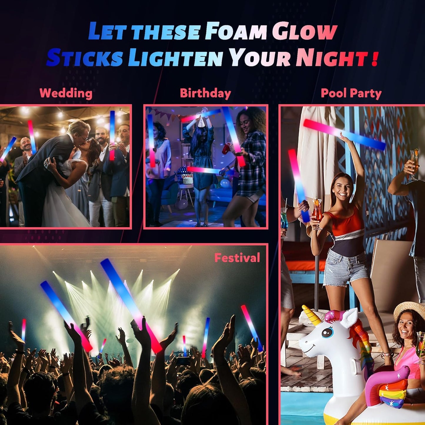 Glow Sticks - 50-Pack Foam Glow Sticks in Red, White & Blue | Perfect for Patriotic Events, Parties & Weddings