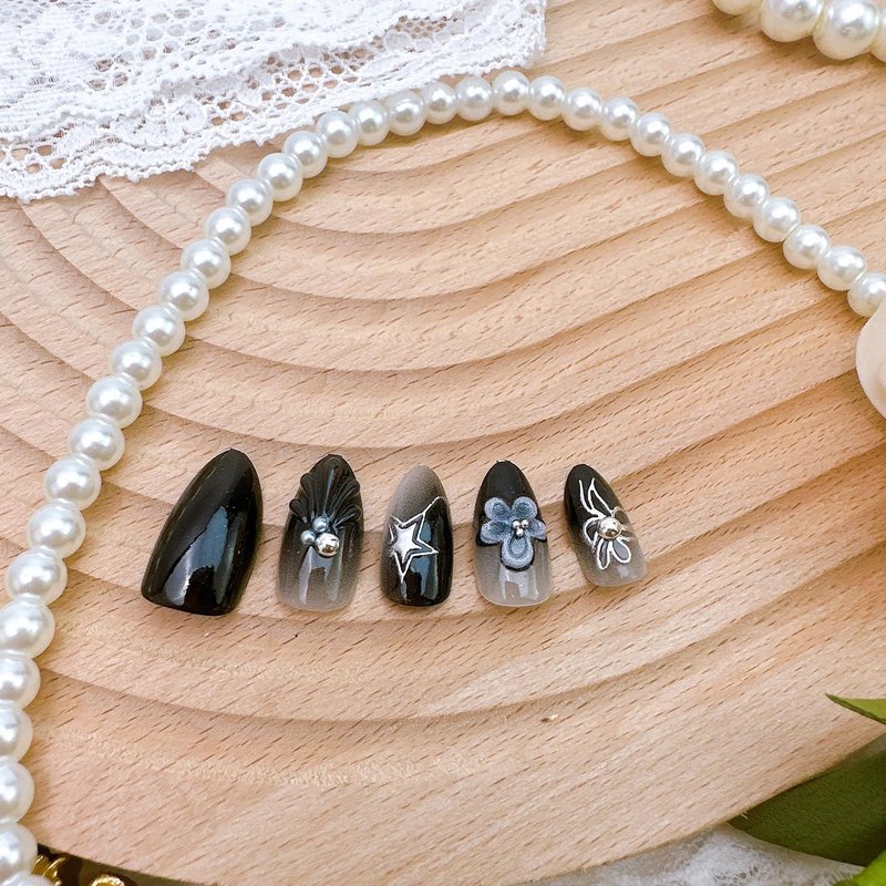 Black Press-On Nails - 30pcs Short Almond Design with 3D Flowers & Pearls | Gradient French Tips for Women