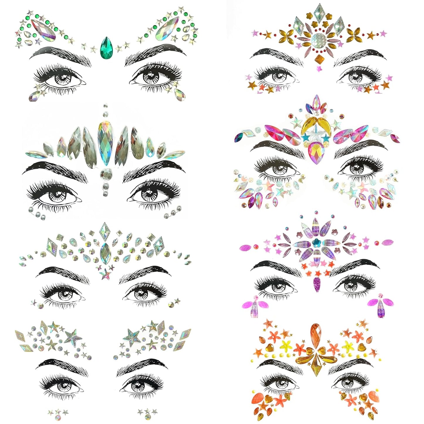 Gemstone Face Stickers - 8 Pcs Rhinestone Face Jewels for Festivals | Halloween & Christmas Party Decor