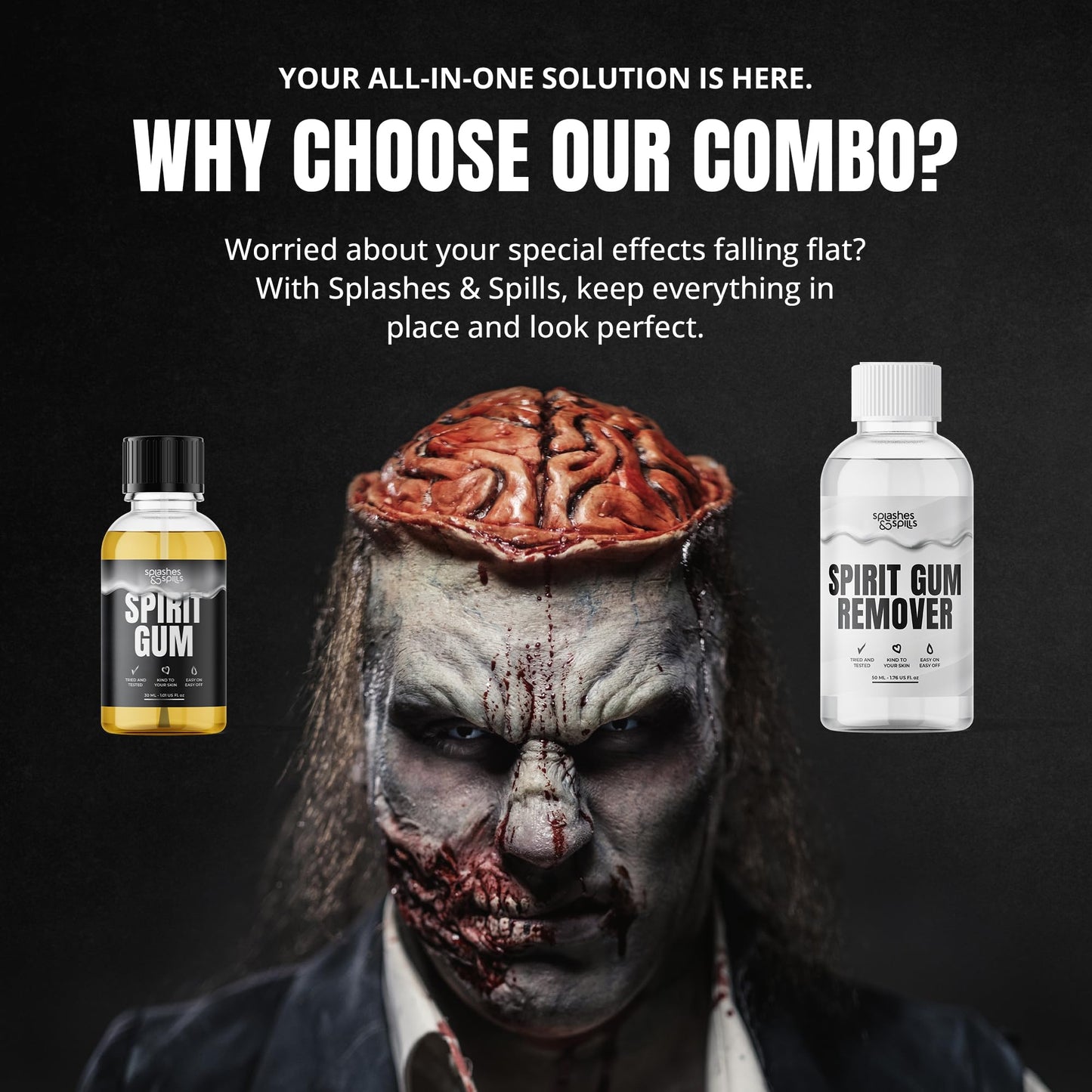 Professional Grade Spirit Gum Adhesive and Remover - SFX Skin Glue Adhesives for Halloween, Cosplay - Vegan Friendly Formulas for Show-Stopping Looks - 30ml and 50ml - Splashes & Spills