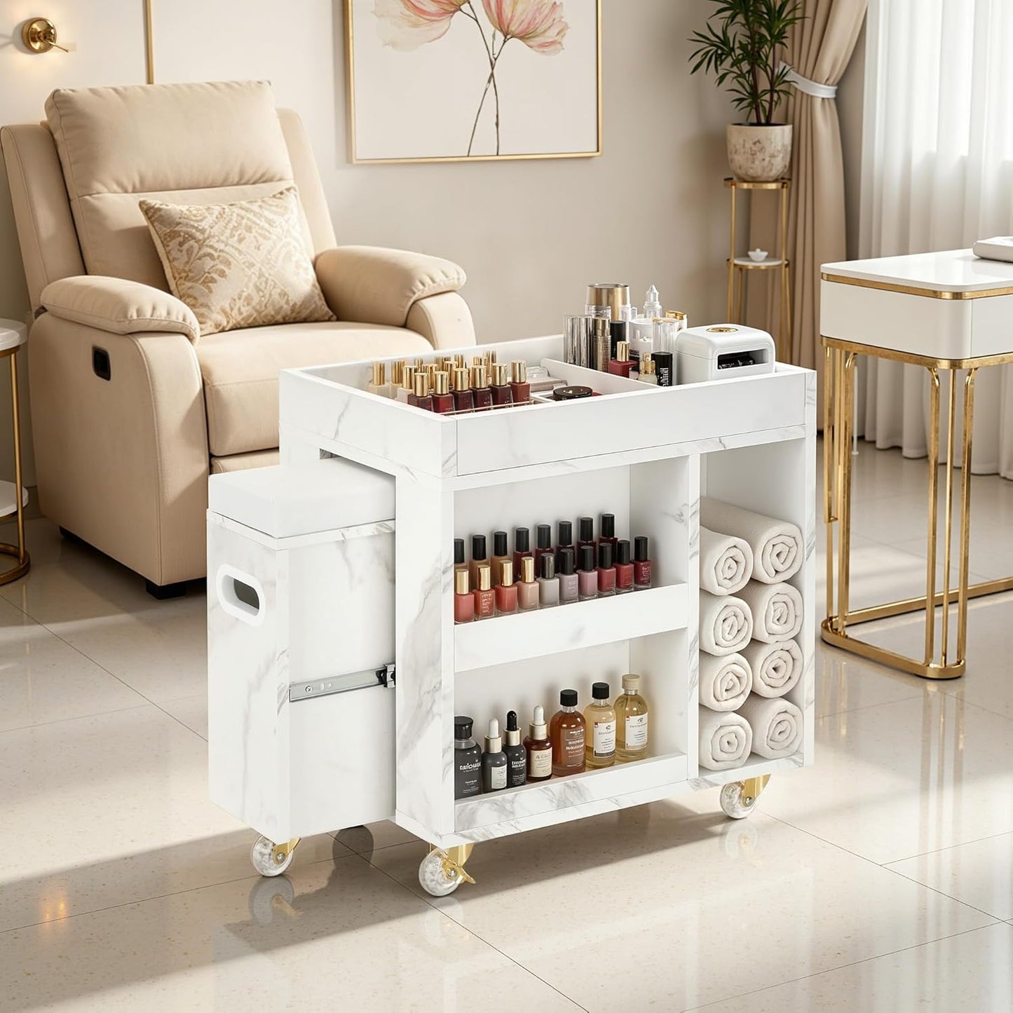 Foot Nail Cart - Mobile Pedicure Trolley with Lockable Wheels & Storage | Beauty Salon Organizer (15.7" L)