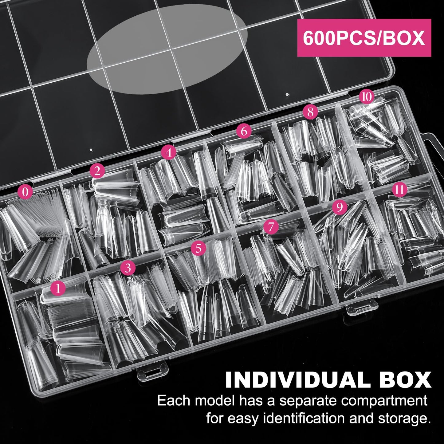Krofaue 1200PCS Coffin Nail Tips, Clear & Natural Half Cover, 12 Sizes
