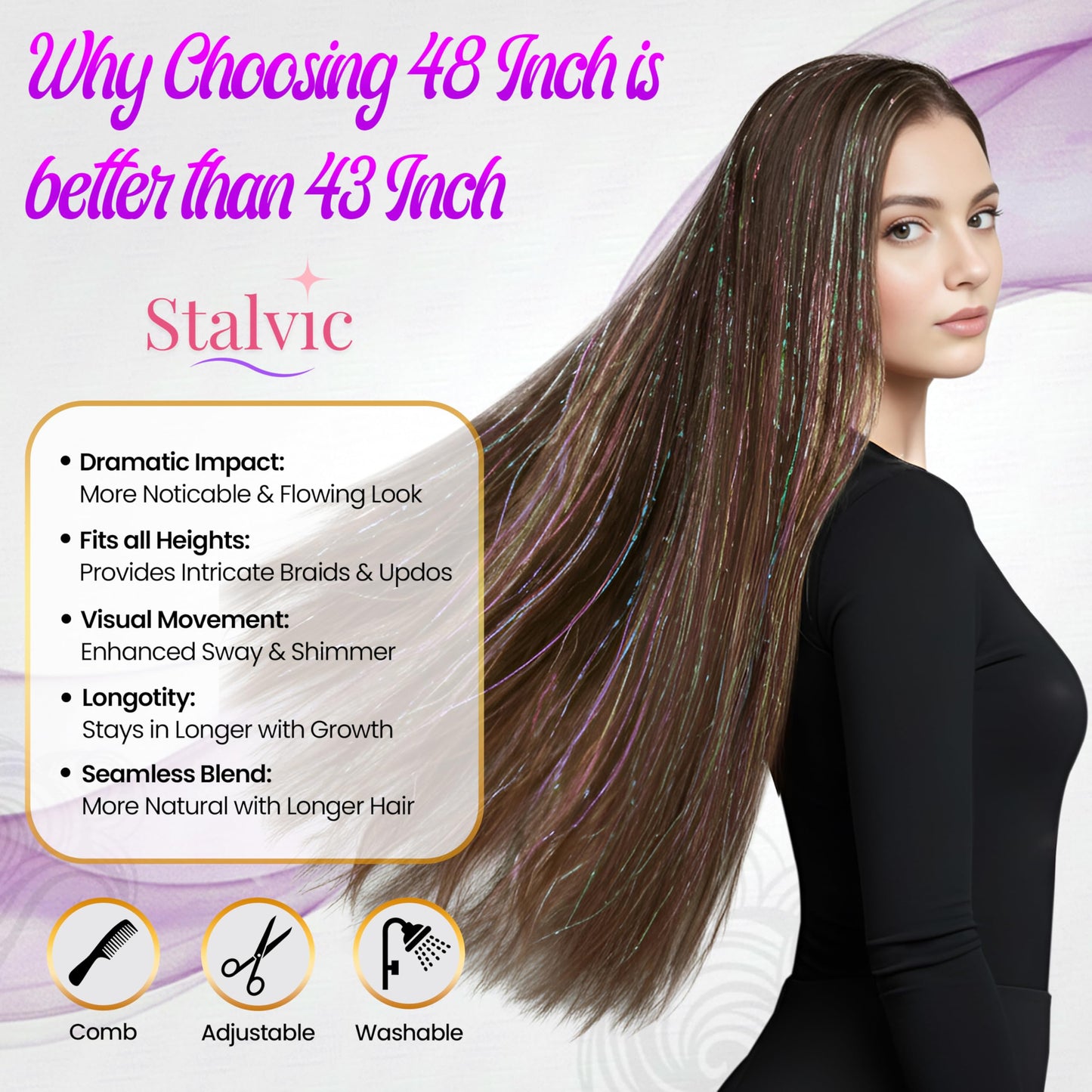 Stalvic Hair Tinsel Kit – 14 Colors, Up to 7200 Heat-Resistant Strands (48 Inch) with Wooden Threader, Crochet Tool, Pliers, Hair Bands, Hair Clips & Beads – For Girls, Women & Kids