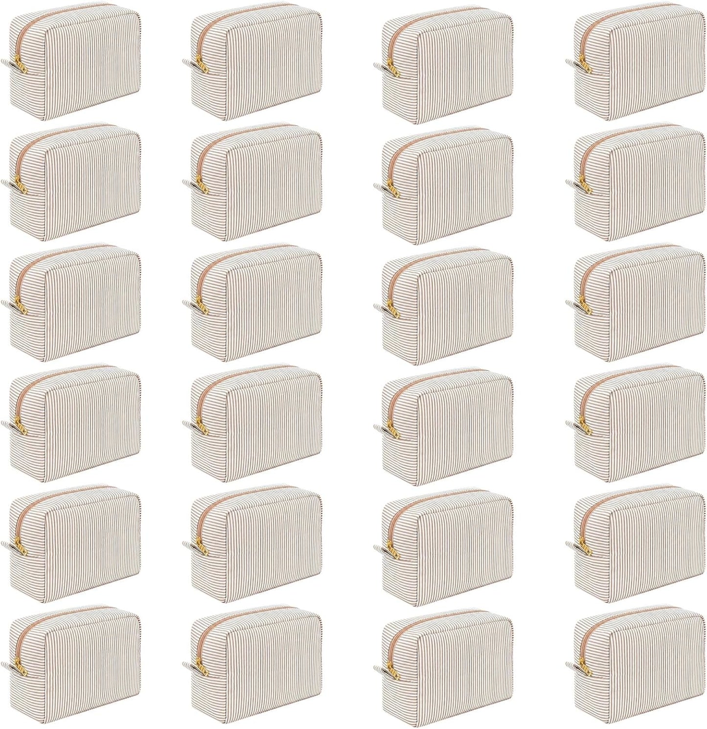 Makeup Bags Set of 6 - Large Seersucker Cosmetic Pouches for Bridesmaid Proposals | Khaki Toiletry Organizers