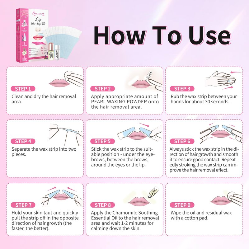 Beauty7 Sensitive Lip Wax Strips, Facial Wax Strips, Face Hair Removal, 20 pcs with Pearl Powder Essential Oil Waxing Strip, for Sensitive Skin Types Women