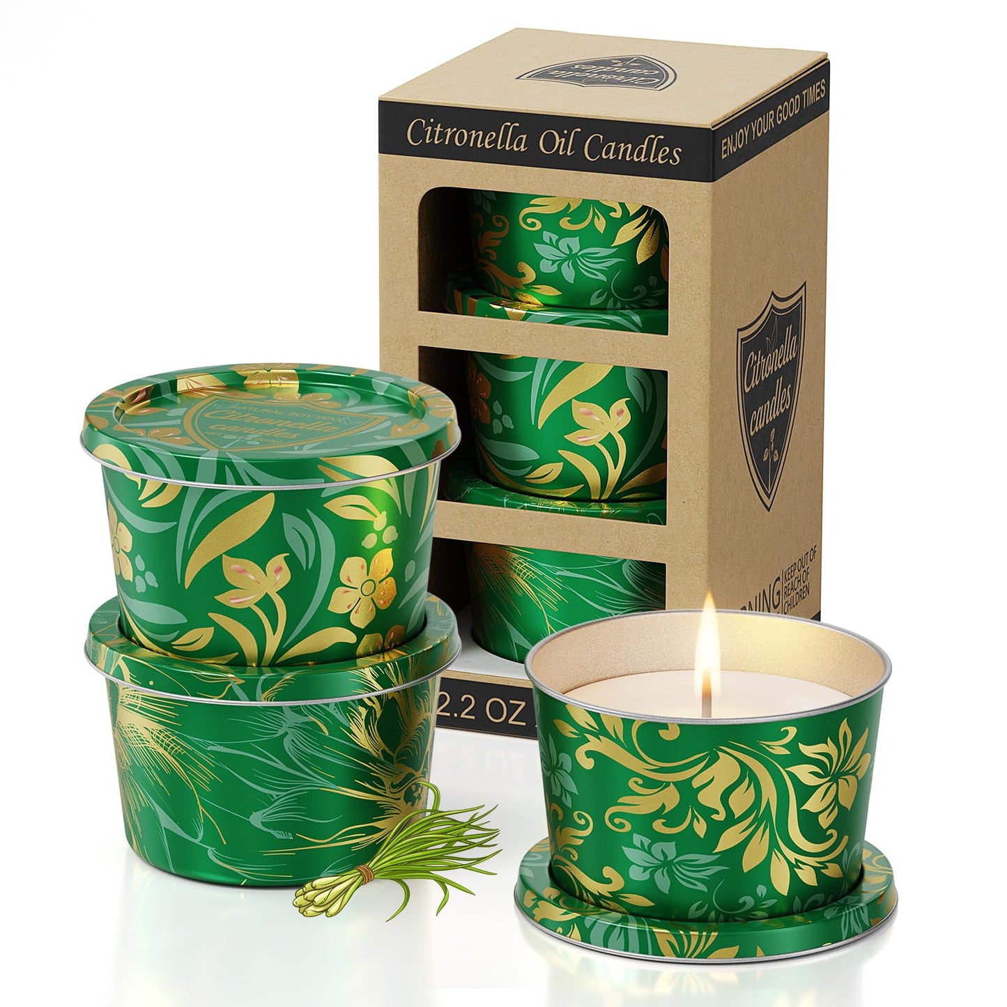 Citronella Candles Outdoor for Patio-3pcs Natural Soy Wax Portable Citronella Oil Candles in Decorative Tins, Long Lasting Summer Essentials for Camping, Backyard BBQ, Gardening & Outdoor Dining