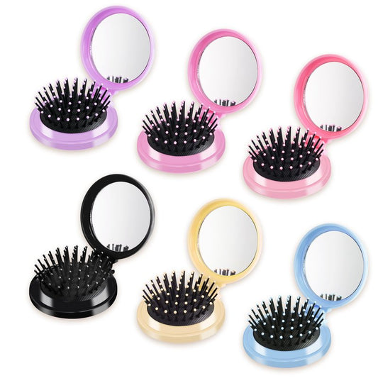 6 Pcs Mini Hair Brush, Compact Travel Hair Brush, Portable Travel Brushes for Hair with Makeup Mirror, Round Hair Massage Comb for Women Girls, 6 Colors