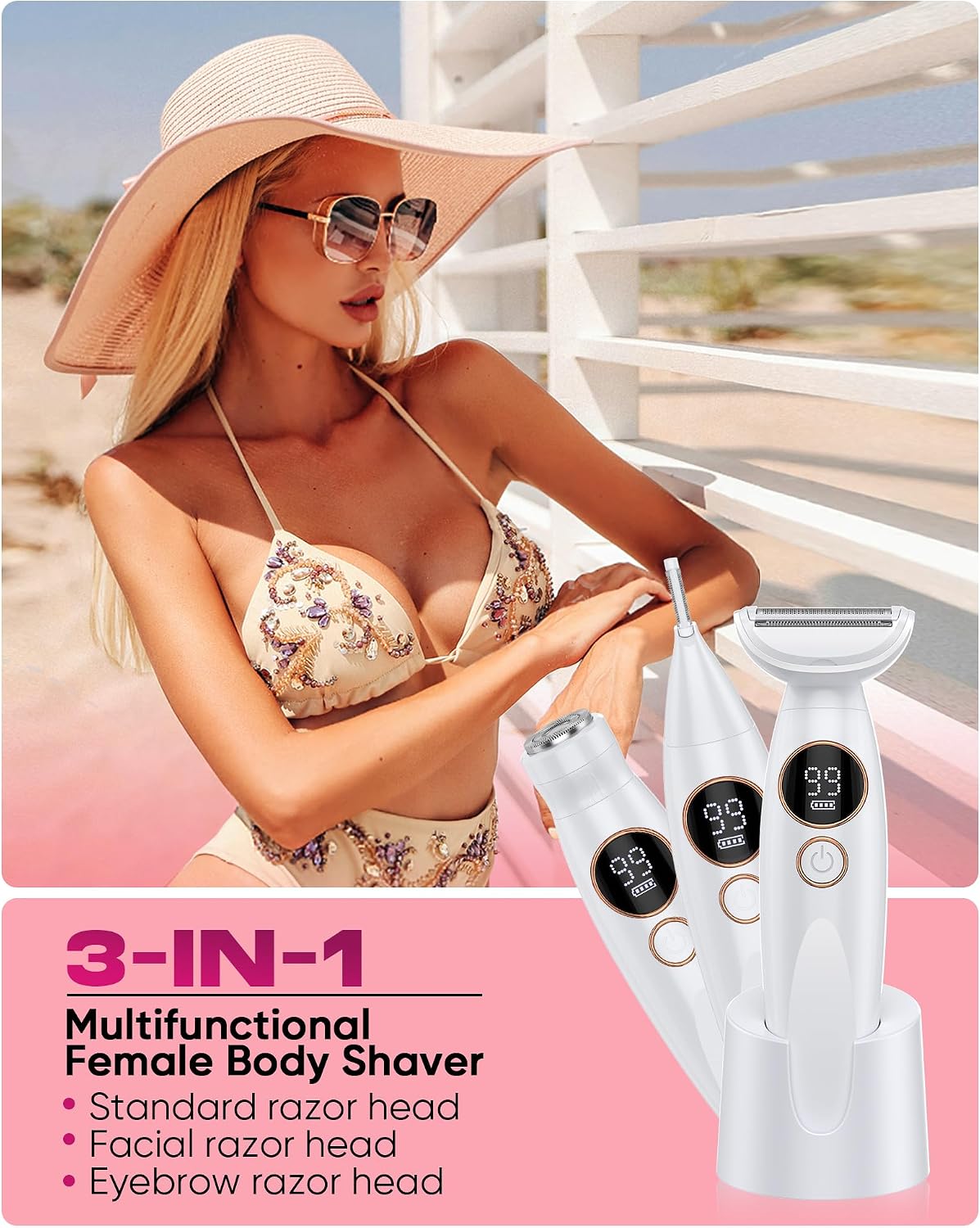 3 in 1 Bikini Trimmer for Women - Painless Electric Razor with Display | USB Charging, IPX7 Waterproof, White
