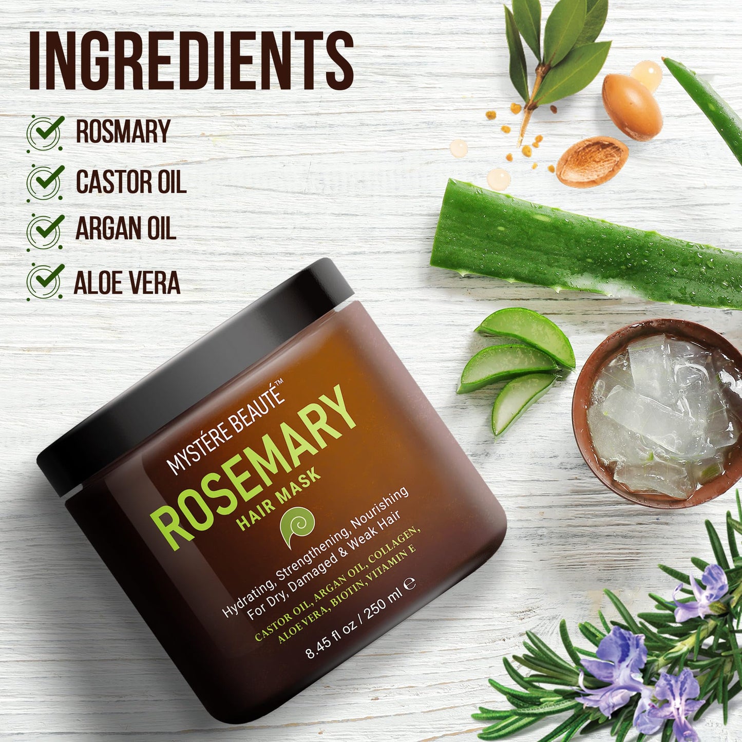 MYSTÉRE BEAUTÉ Rosemary Deep Conditioning Hair Mask for Dry Damaged Hair and Growth with Collagen Argan Oil - Rosemary Oil Leave in Conditioner aceite de romero puro y natural 8.5 fl oz x 2 Pack