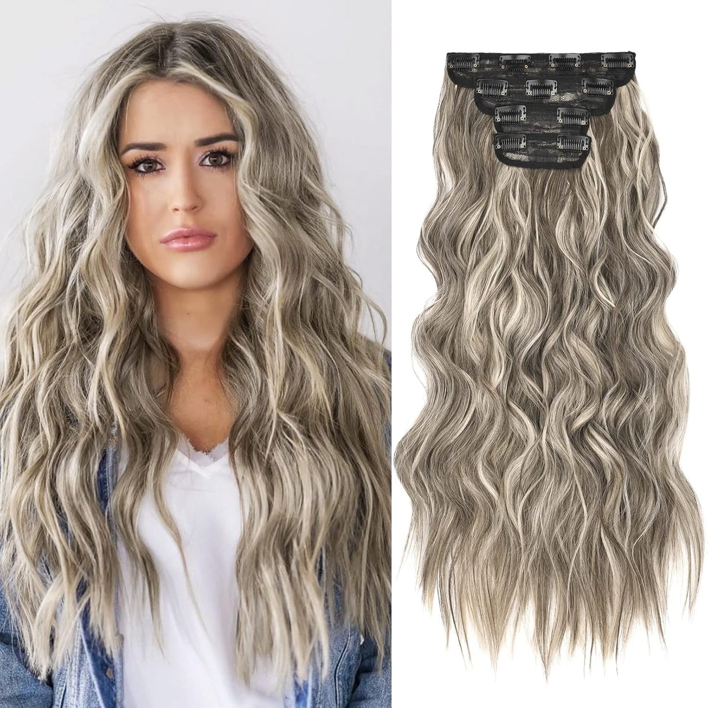 Clip-In Hair Extensions - 4PCS Natural Soft Synthetic Hairpieces for Women | Platinum Blonde