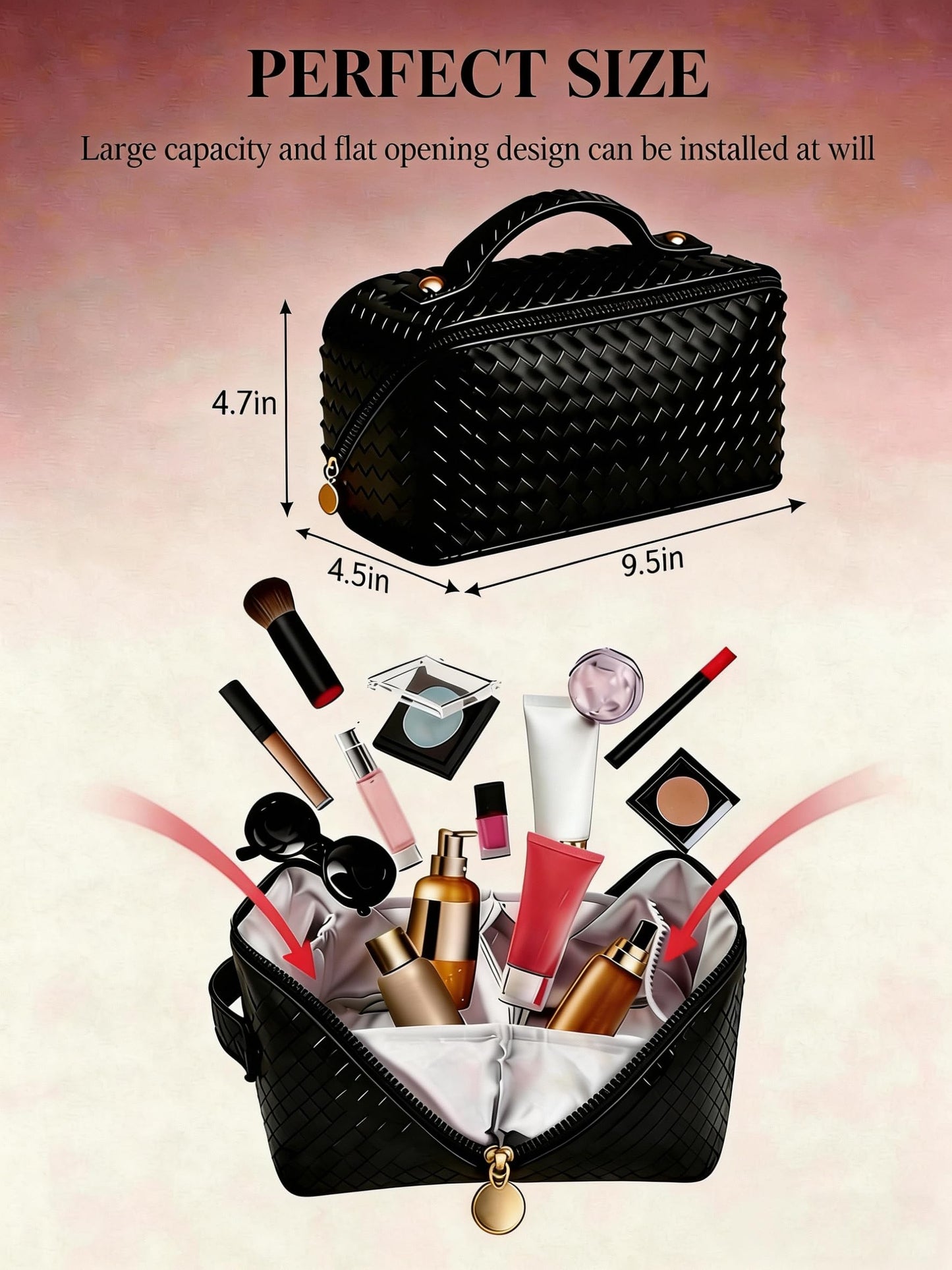 Husuctic Travel Makeup Bag for Women: Large Capacity Waterproof PU Leather Case Easy to Care Open Flat Portable Pouch Cosmetic Make Up Toiletry Organizers for Travel Essentials (Black)