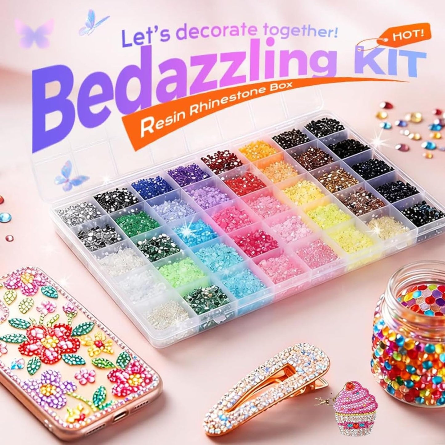45000 Pcs 40 Colors Resin Jelly Rhinestones for Bedazzling Gems, Multicolor 3mm Flatback Badazzle Kit with 3 Pcs B7000 Jewelry Glue & Tools, All-in-One Bedazzling Kit DIY Arts & Crafts Gifts