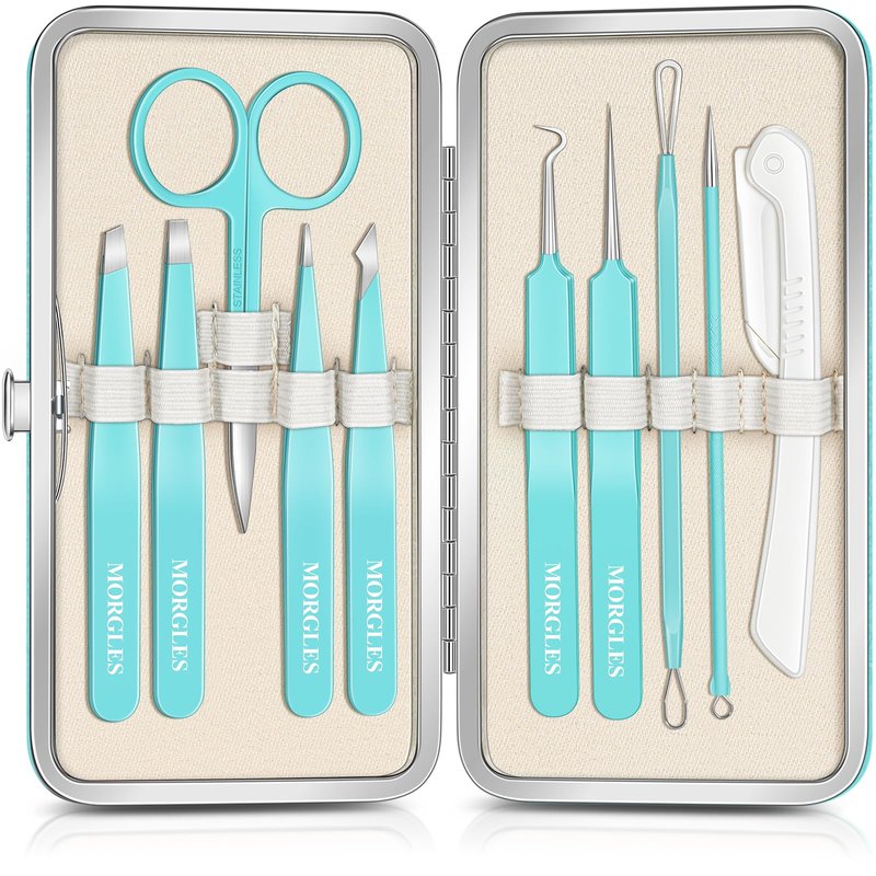 MORGLES Tweezers for Women Facial Hair, 10 in 1 Pimple Popper Tool Kit with Tweezers, Eyebrow Tweezers Kit with Eyebrow Trimmer & Scissors, Razor, Travel Bag, Grooming Beauty Set