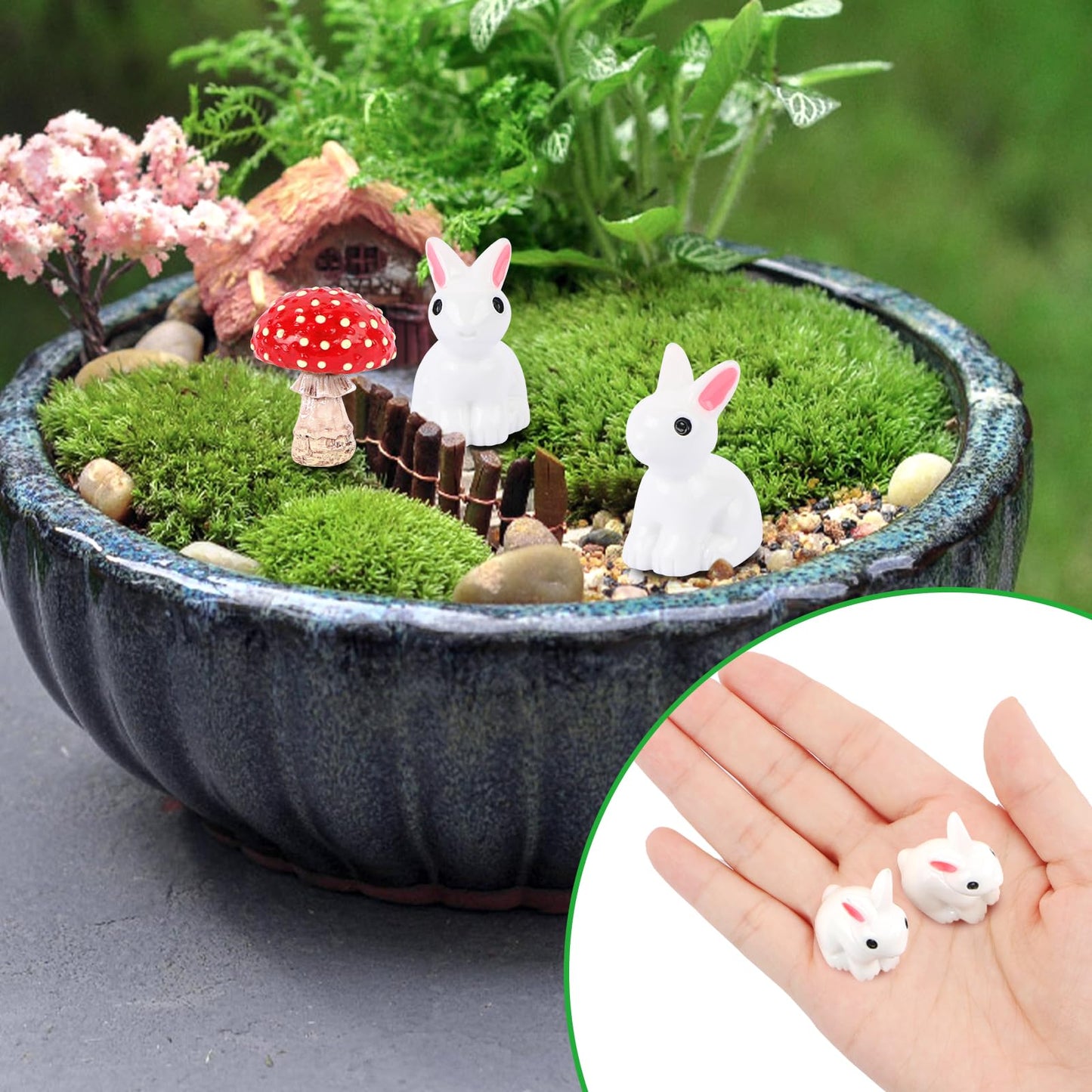 BRIOYHA 3-Piece Glow in The Dark Mushroom with 2 Bunny Statues – Outdoor Garden Decorations for Yard Pathway Landscape, Spring Easter Lawn Ornaments