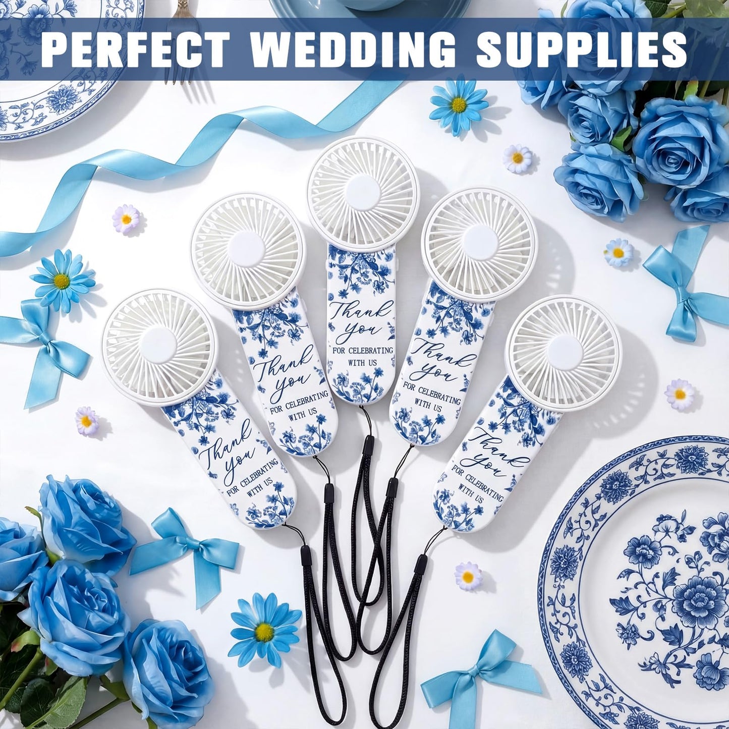 Tujoe 100 Pcs Wedding Handheld Fans for Guests Mini Personal Portable Fans Bulk Thank You for Celebrating with Us Fan for Wedding Bridal Shower Party Favors Summer Travel (Blue and White Porcelain)