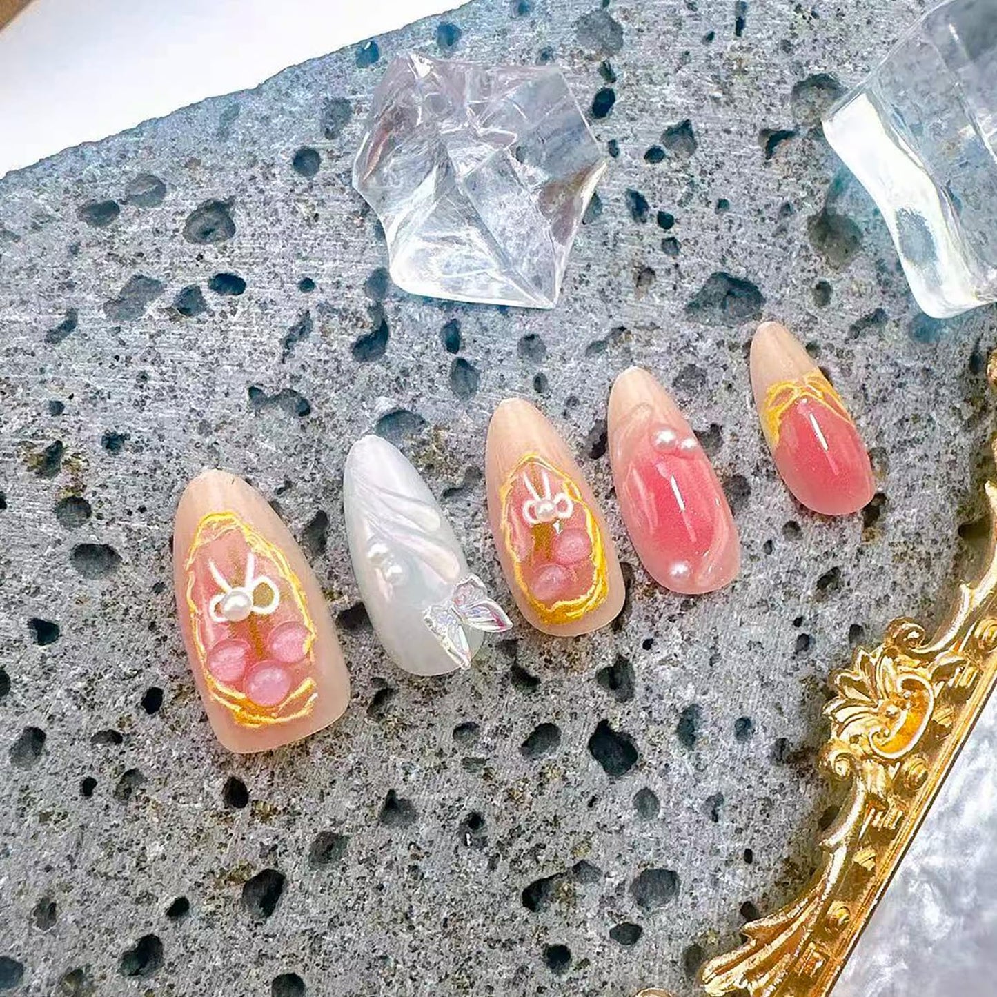 Flower Press-On Nails - 30Pcs Medium Almond Acrylic with Butterfly Pearl Designs | Spring Floral 3D Art