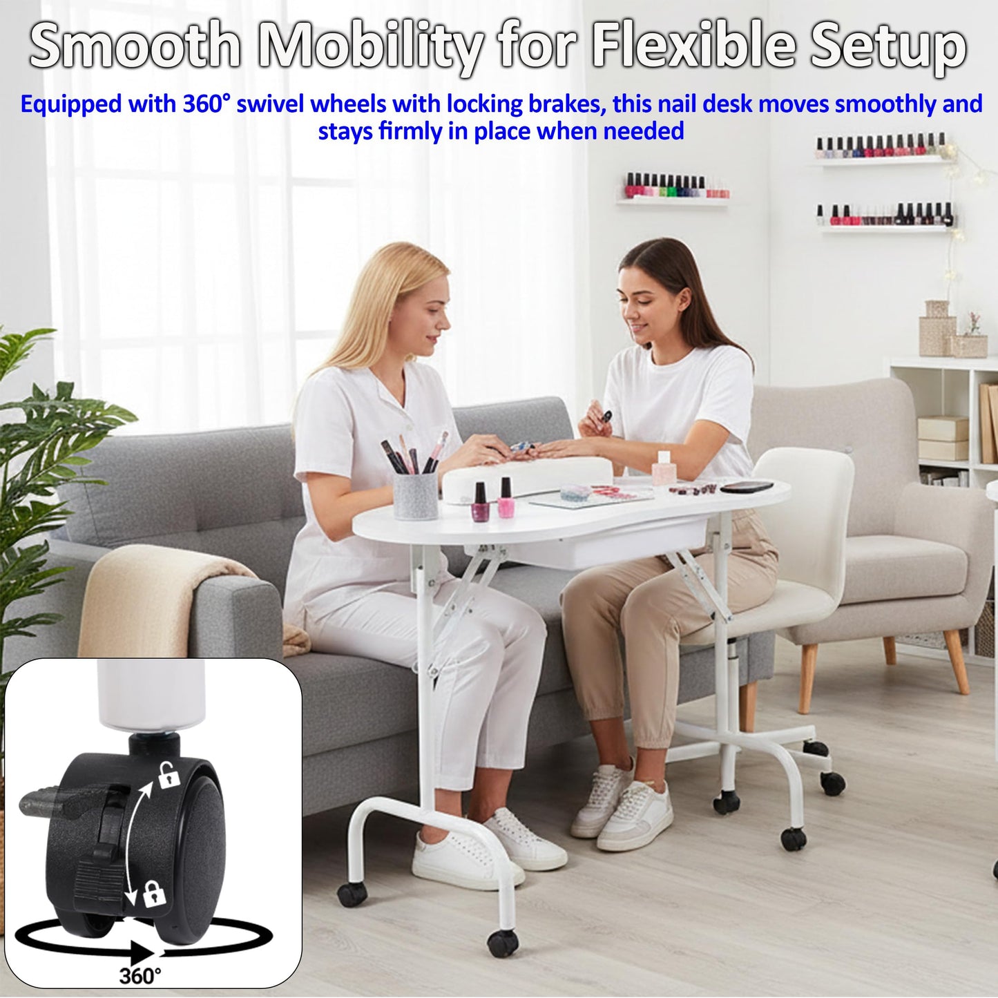 Mohzate Portable Manicure Nail Table Professional Rolling Nail Station with Drawer and Wrist Rest Foldable Nail Tech Desk with Wheels and Carry Bag for for Salon, Studio and Home Use